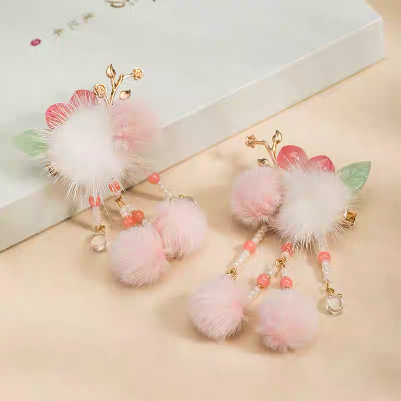Peach-shaped Hair Clip Pair with Pink Pom-poms