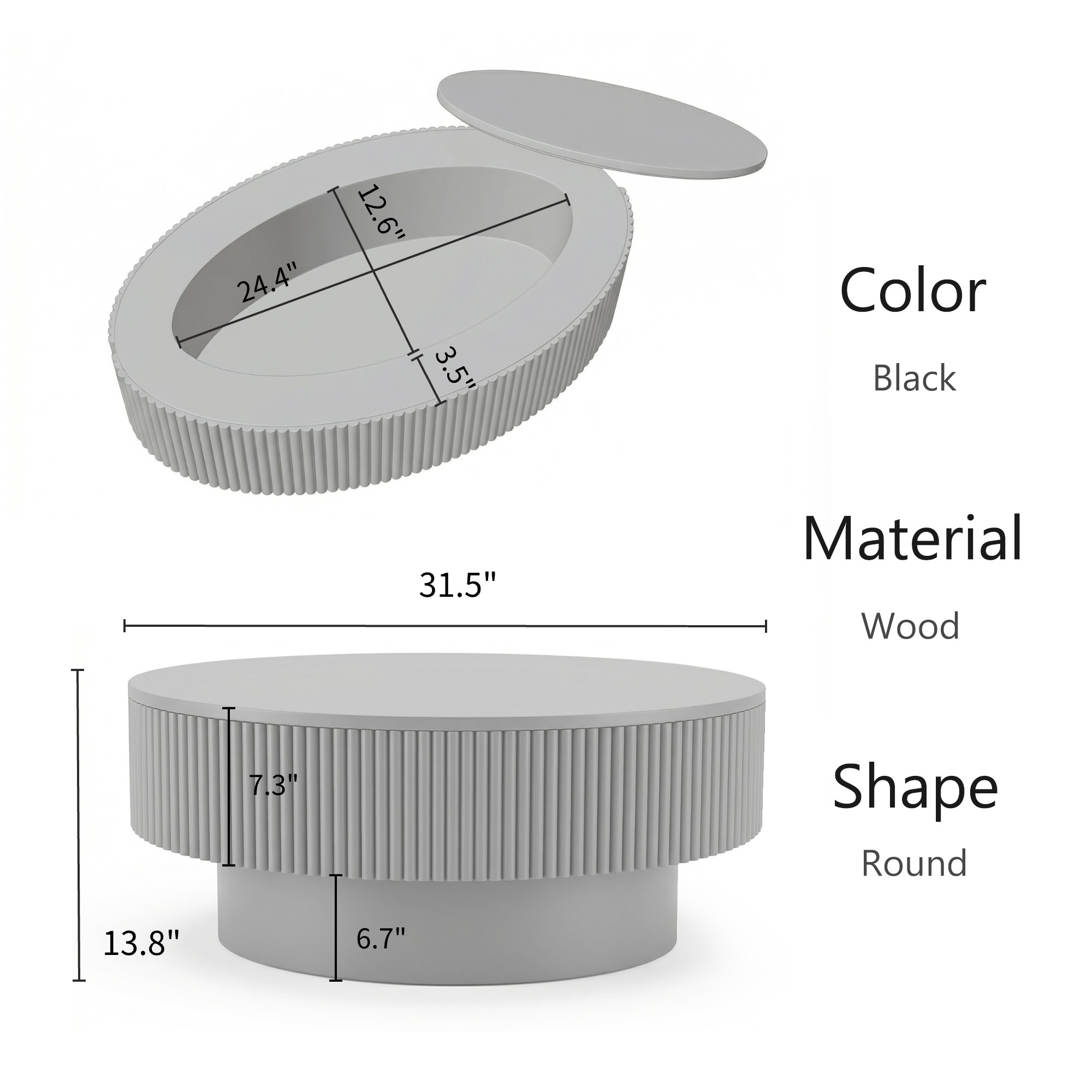 Coffee Table with Hidden Storage, 31.5 Inch Wide Modern Coffee Table, Center Table with Fluted Veneered