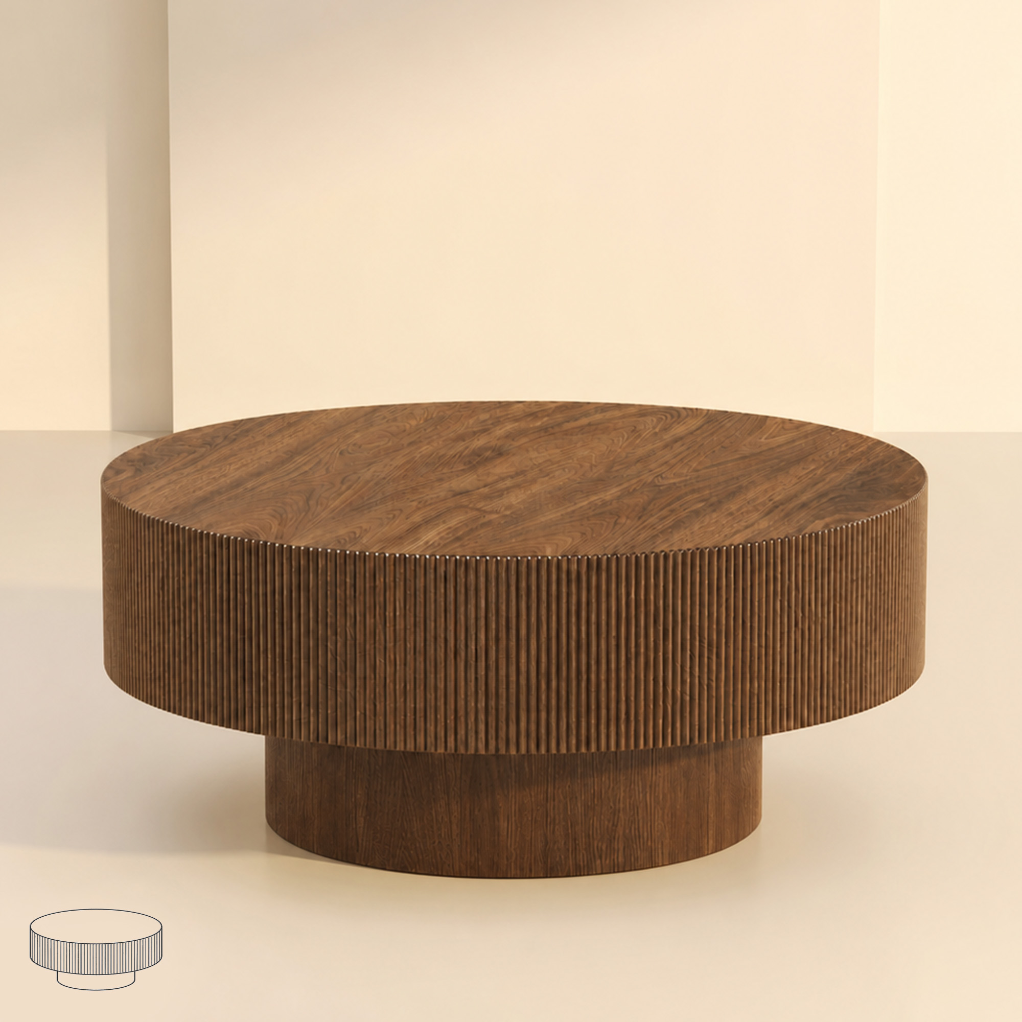 LUPUK Round Coffee Table with Fluted Base, Modern Walnut Finish Center Table