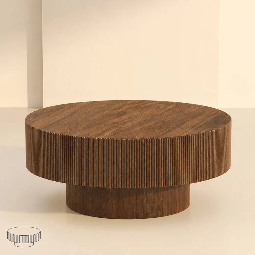 LUPUK Round Coffee Table with Fluted Base, Modern Walnut Finish Center Table
