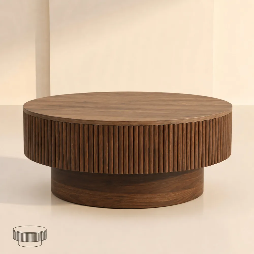 LUPUK 31.5in Space Saving Round Coffee Table with Hidden Storage Walnut Fluted