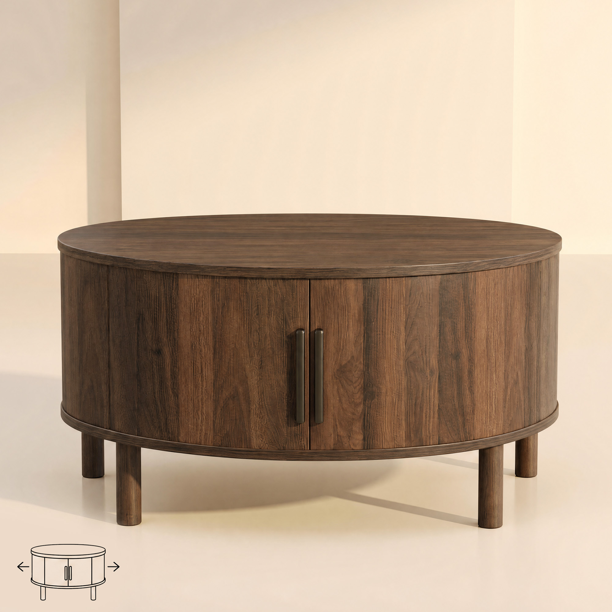 LUPUK Round Coffee Table with Sliding Door, Fluted Design Storage Table, Walnut