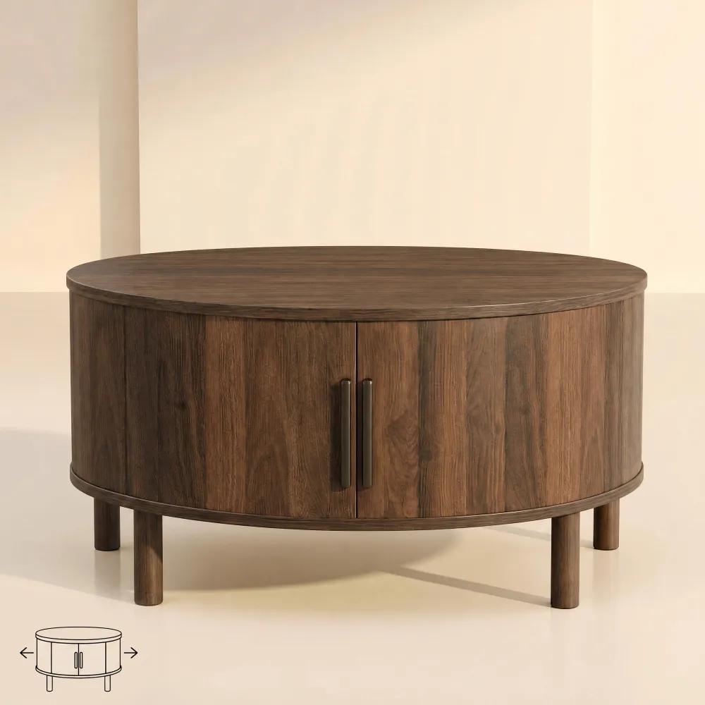 LUPUK Round Coffee Table with Sliding Door, Fluted Design Storage Table, Walnut