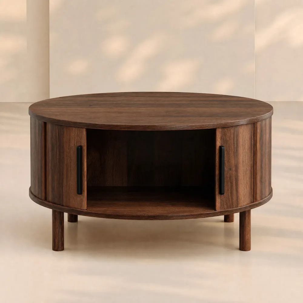 LUPUK Round Coffee Table with Sliding Door, Fluted Design Storage Table, Walnut