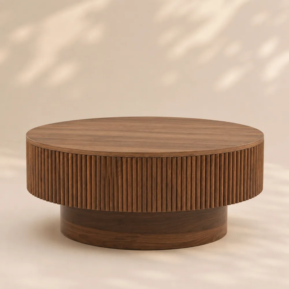 LUPUK 31.5in Space Saving Round Coffee Table with Hidden Storage Walnut Fluted