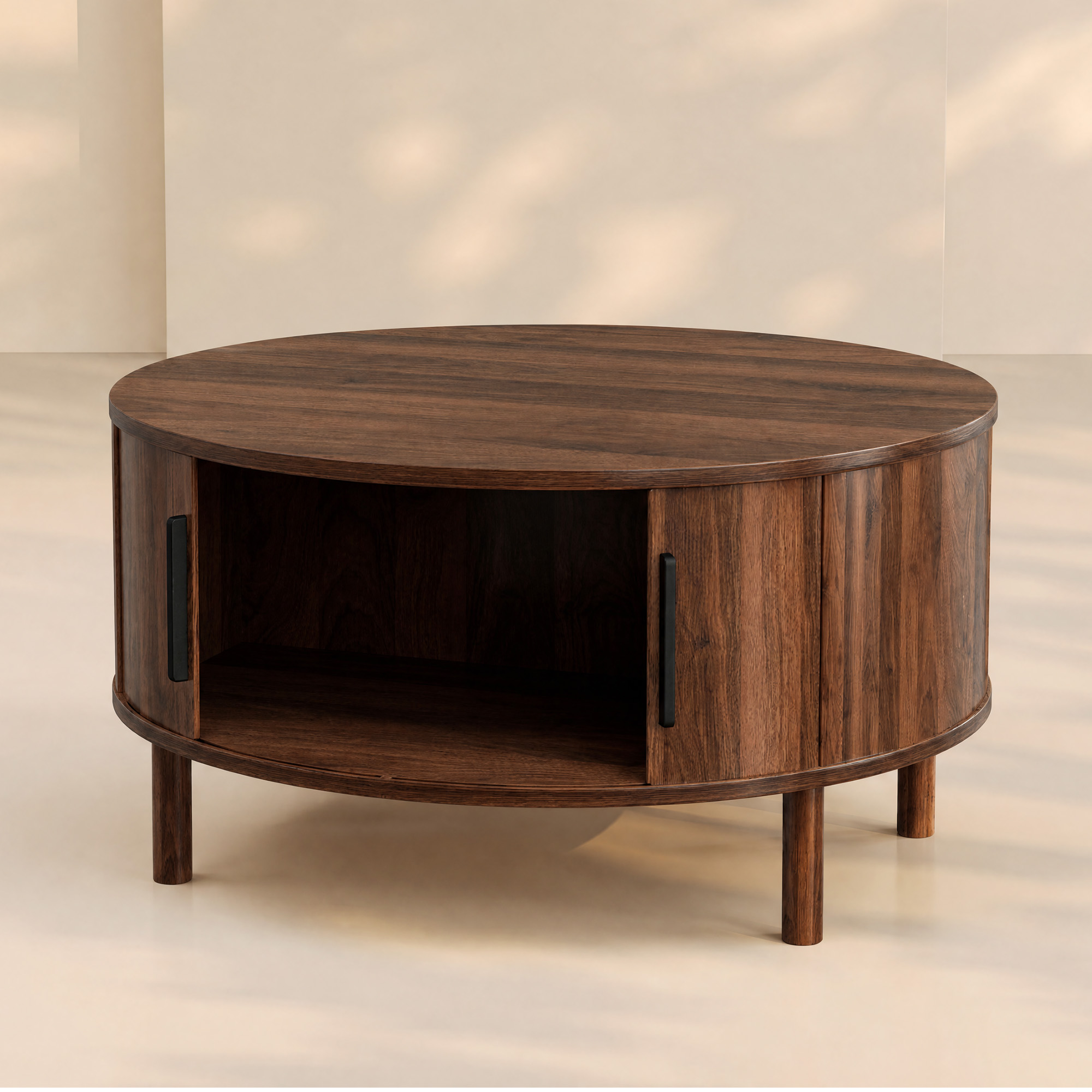 LUPUK Round Coffee Table with Sliding Door, Fluted Design Storage Table, Walnut