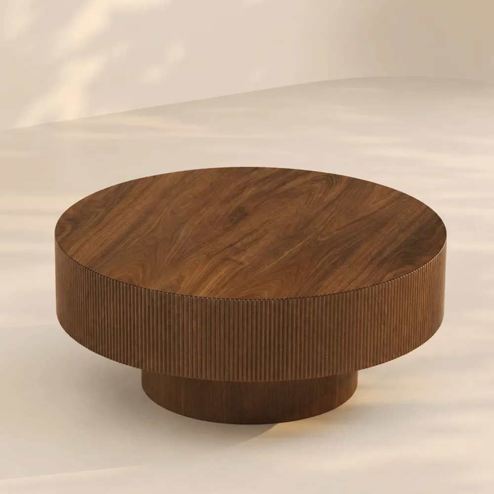 LUPUK Round Coffee Table with Fluted Base, Modern Walnut Finish Center Table