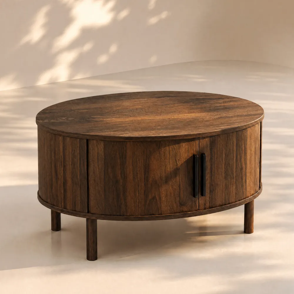 LUPUK Round Coffee Table with Sliding Door, Fluted Design Storage Table, Walnut