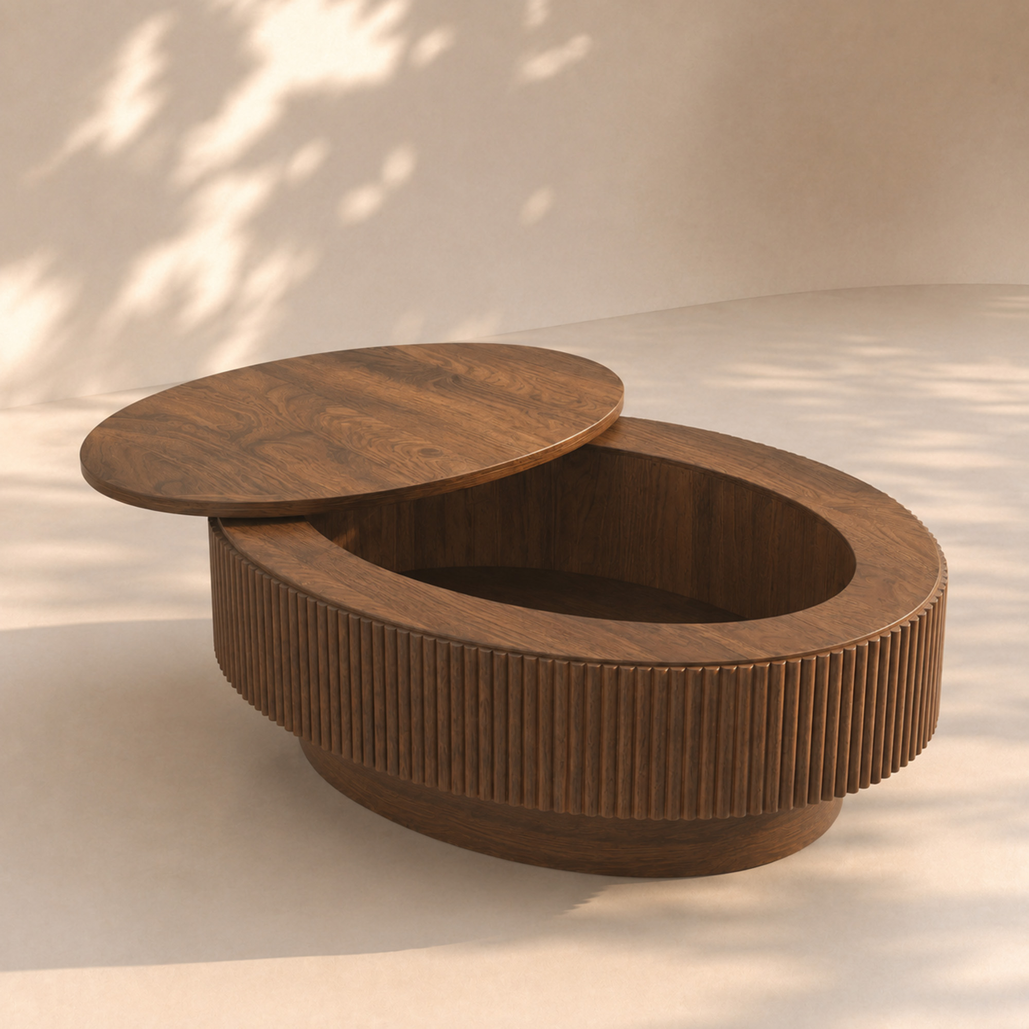 LUPUK 31.5in Space Saving Round Coffee Table with Hidden Storage Walnut Fluted