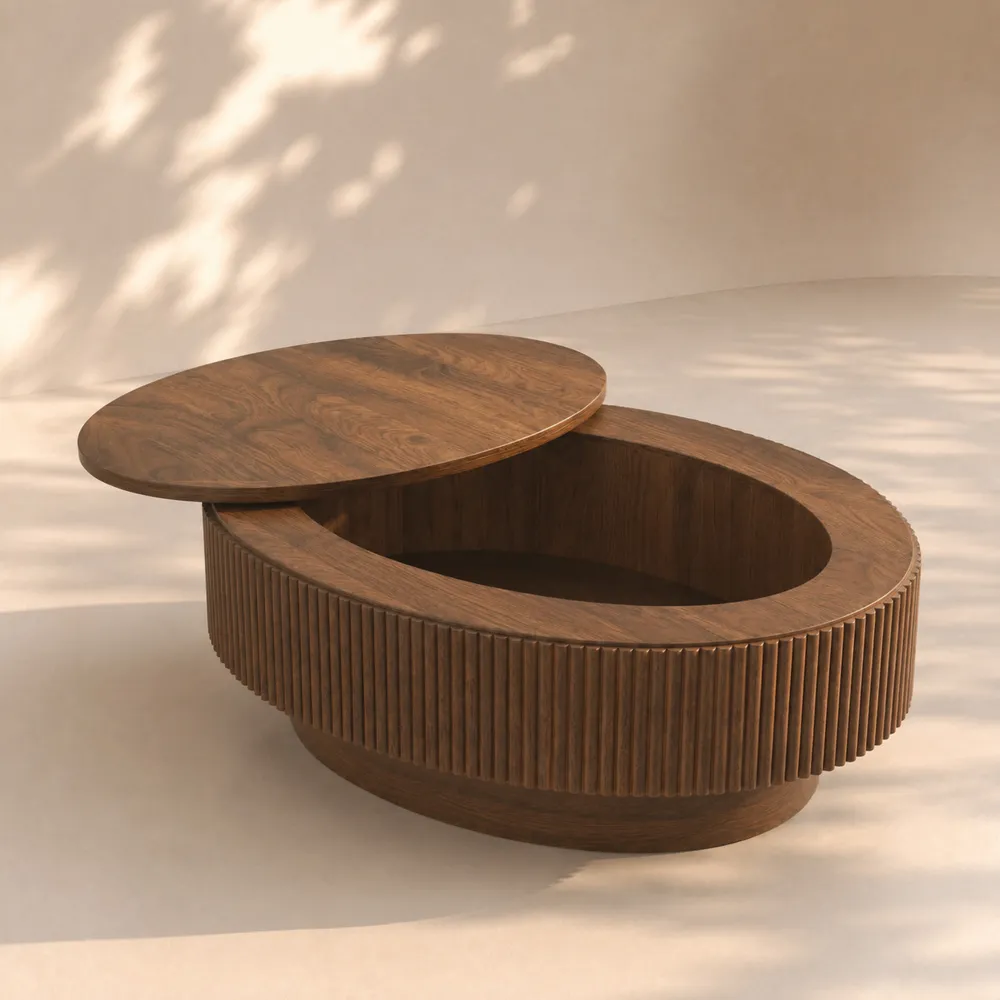 LUPUK 31.5in Space Saving Round Coffee Table with Hidden Storage Walnut Fluted