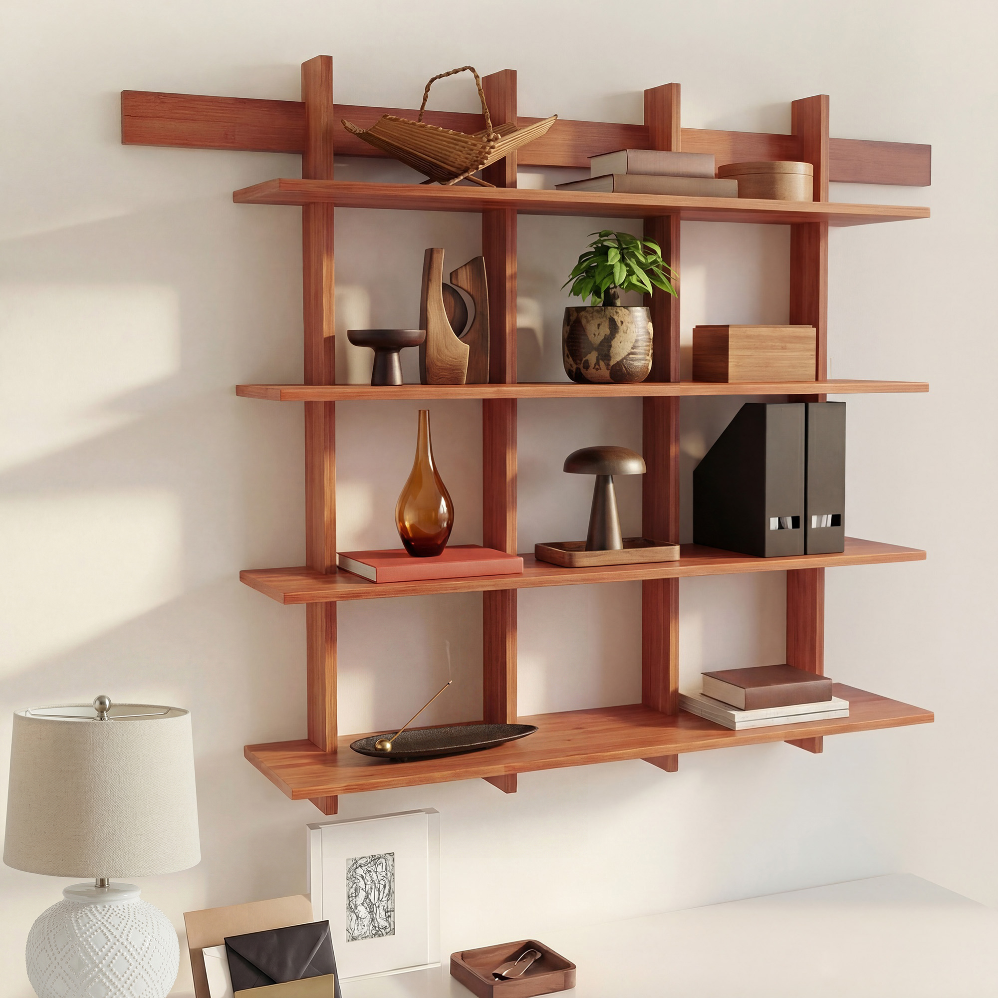 Lupuk 4-Tier Bamboo Wall Shelf – Rustic Farmhouse Floating Bookshelf for Living Room, Kitchen & Coffee Bar Storage