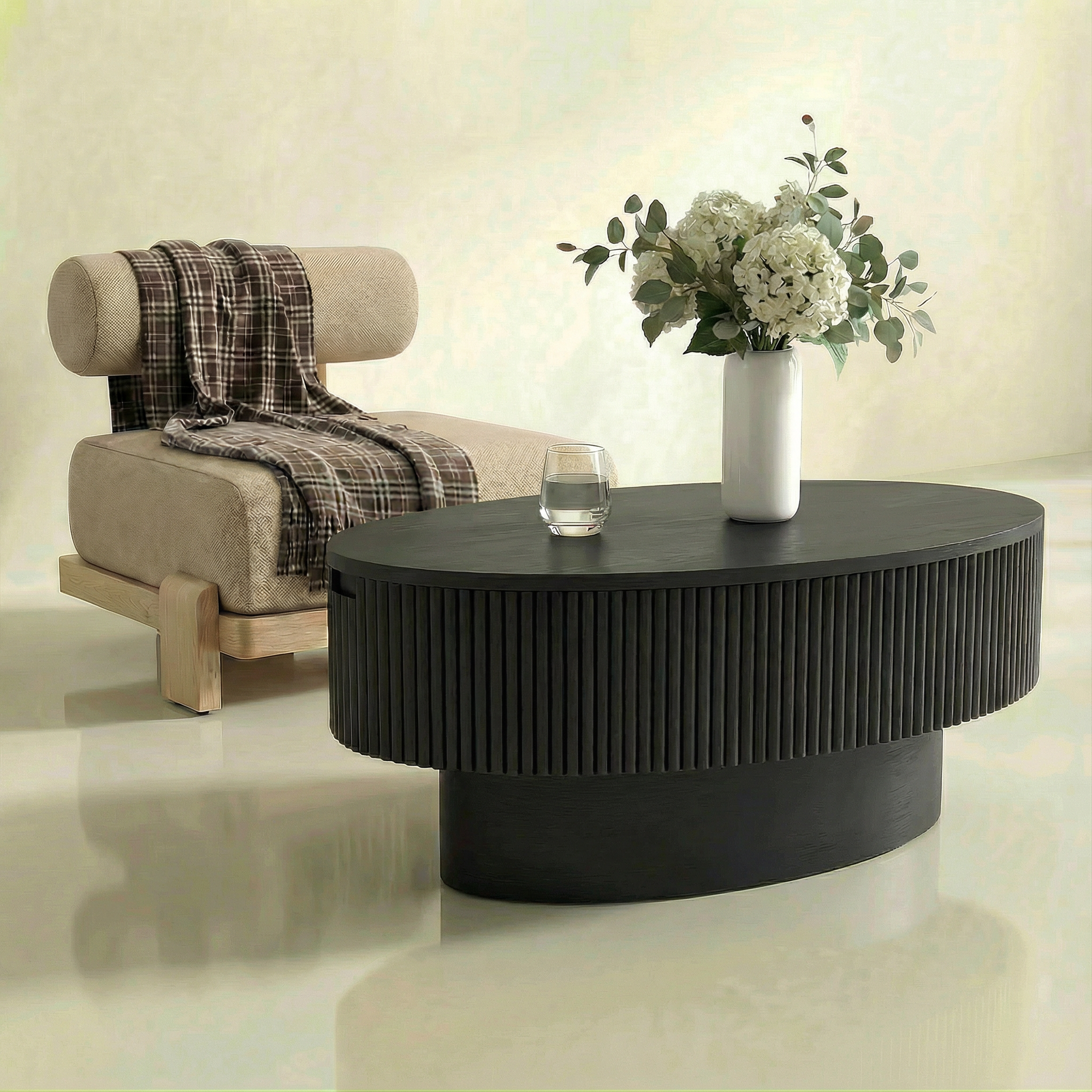 Coffee Table with Hidden Storage, 31.5 Inch Wide Modern Coffee Table, Center Table with Fluted Veneered