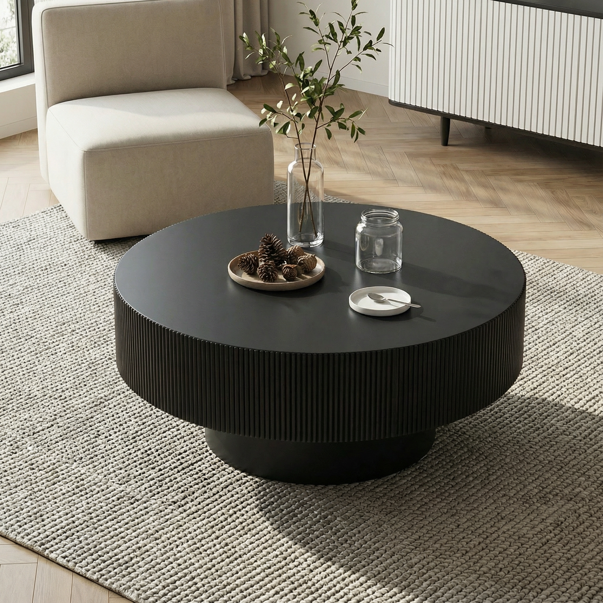 [Copy]Modern Round Coffee Table with Sturdy Base, Wood Sofa Center Tables for Living Room-Black