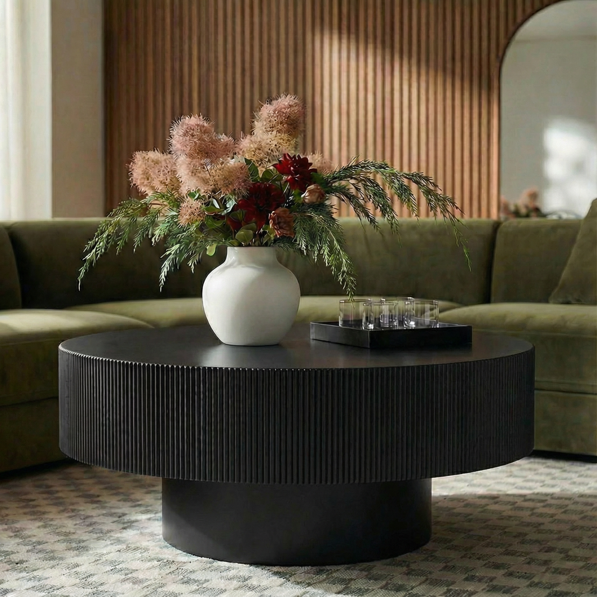 [Copy]Modern Round Coffee Table with Sturdy Base, Wood Sofa Center Tables for Living Room-Black