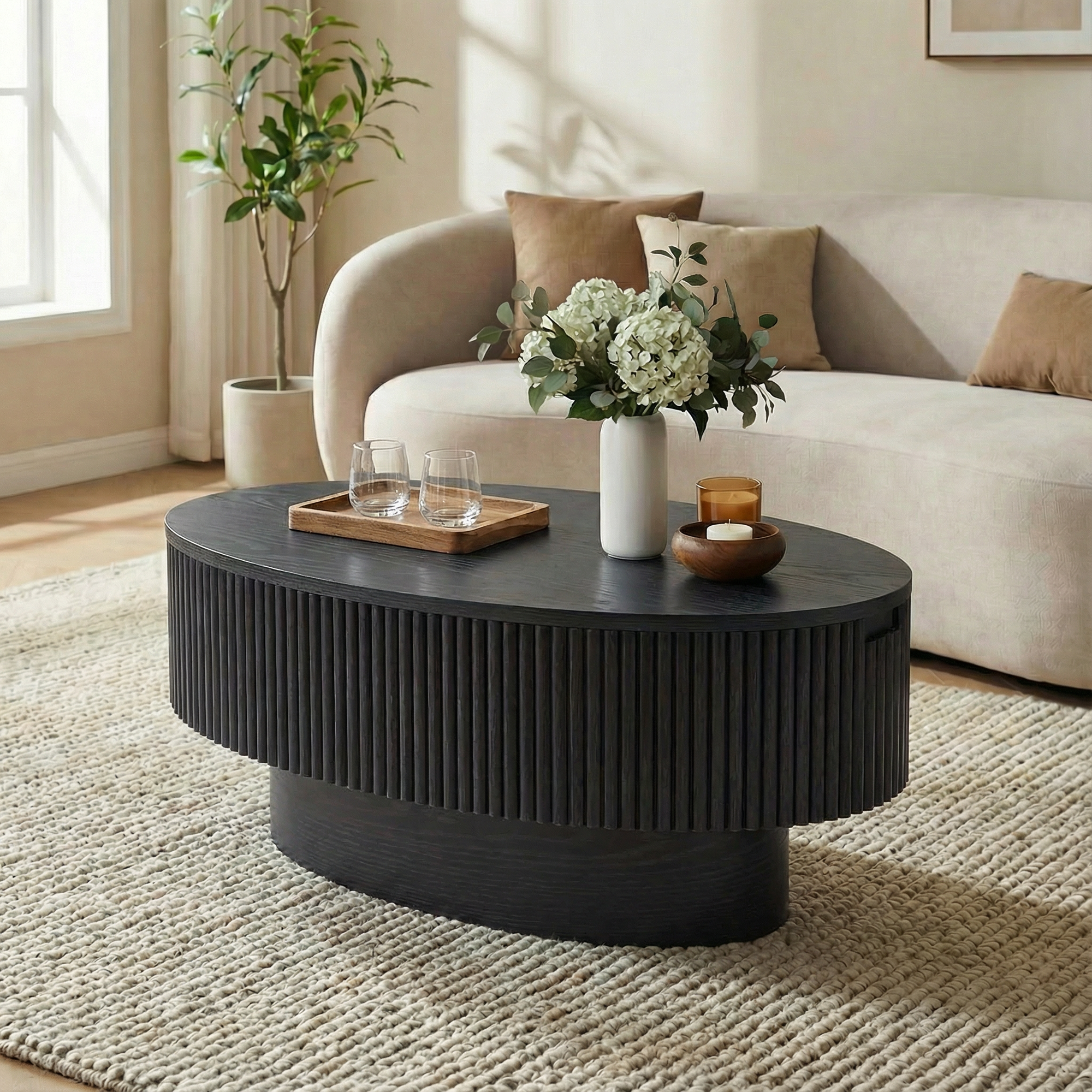 Coffee Table with Hidden Storage, 31.5 Inch Wide Modern Coffee Table, Center Table with Fluted Veneered