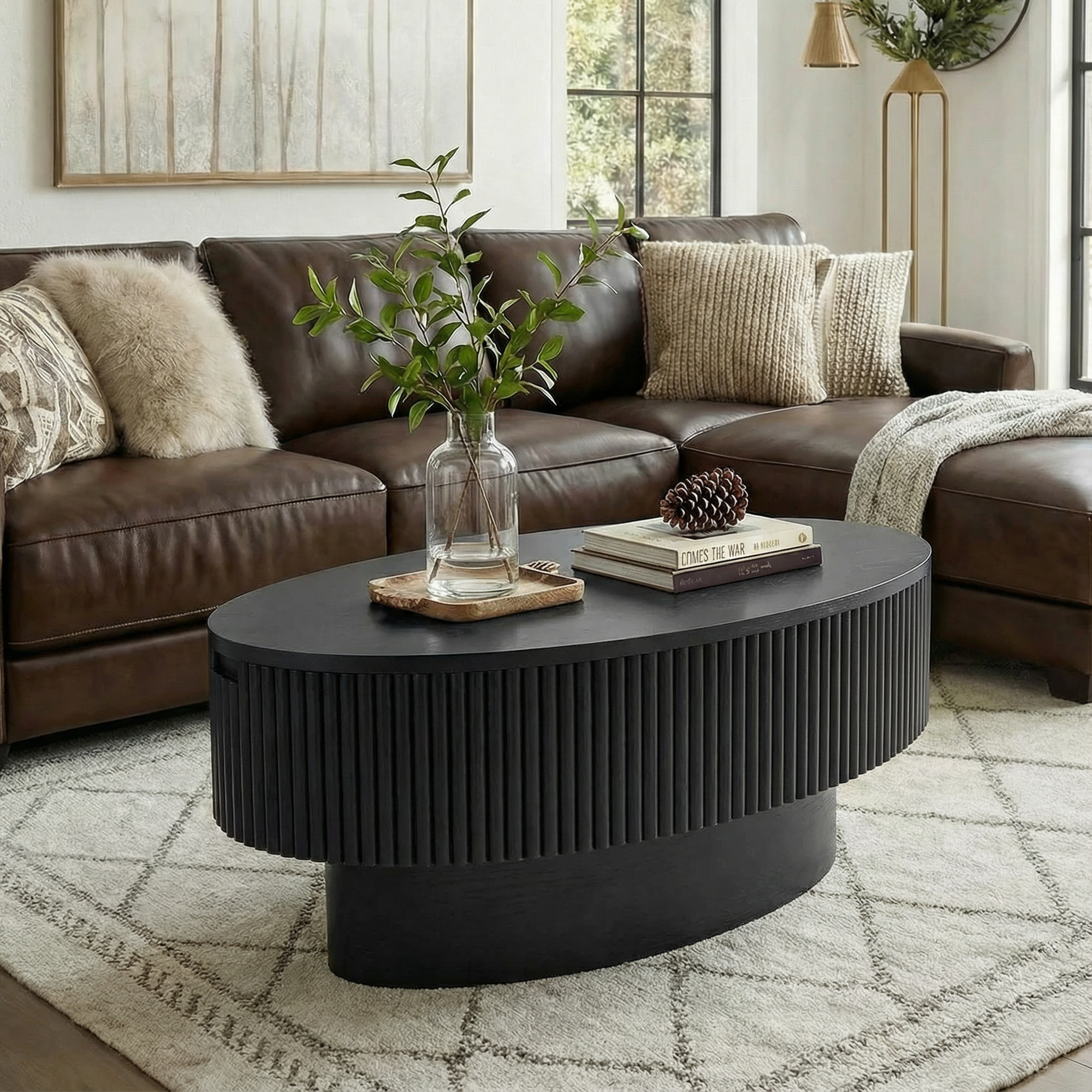 Coffee Table with Hidden Storage, 31.5 Inch Wide Modern Coffee Table, Center Table with Fluted Veneered