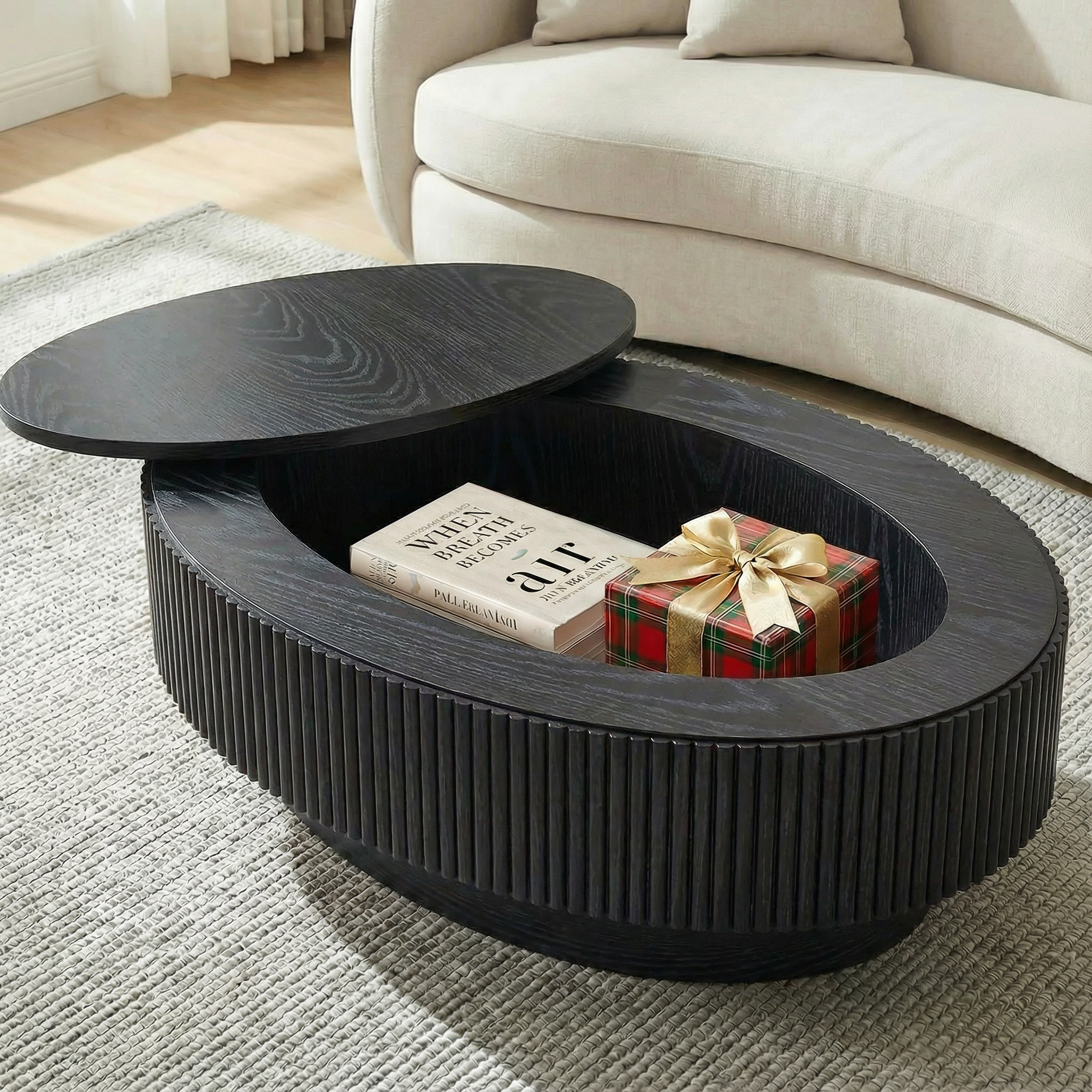 Coffee Table with Hidden Storage, 31.5 Inch Wide Modern Coffee Table, Center Table with Fluted Veneered