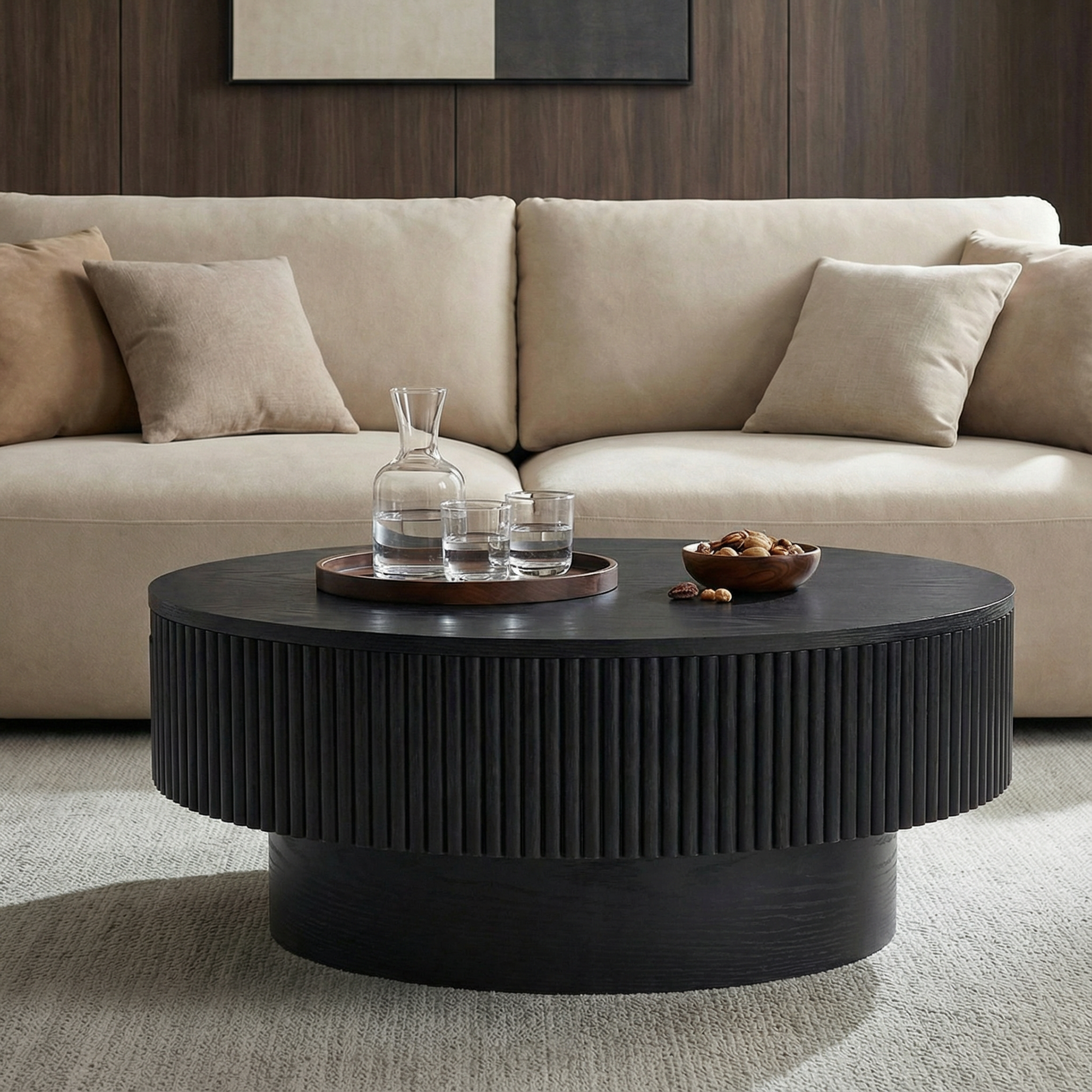 Coffee Table with Hidden Storage, 31.5 Inch Wide Modern Coffee Table, Center Table with Fluted Veneered