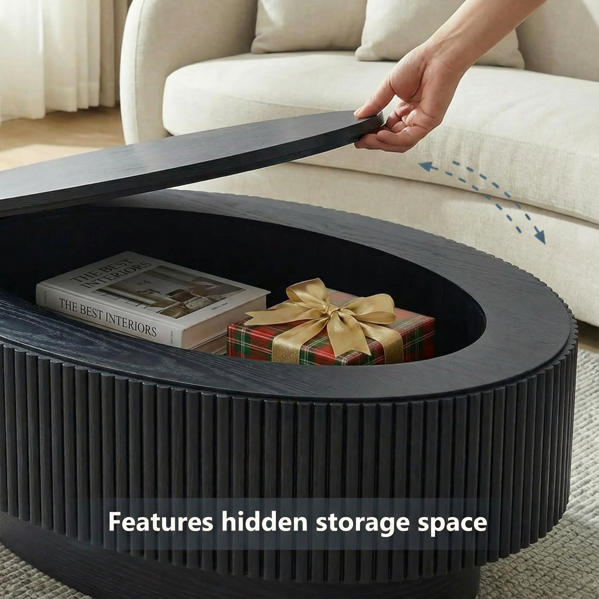 Coffee Table with Hidden Storage, 31.5 Inch Wide Modern Coffee Table, Center Table with Fluted Veneered