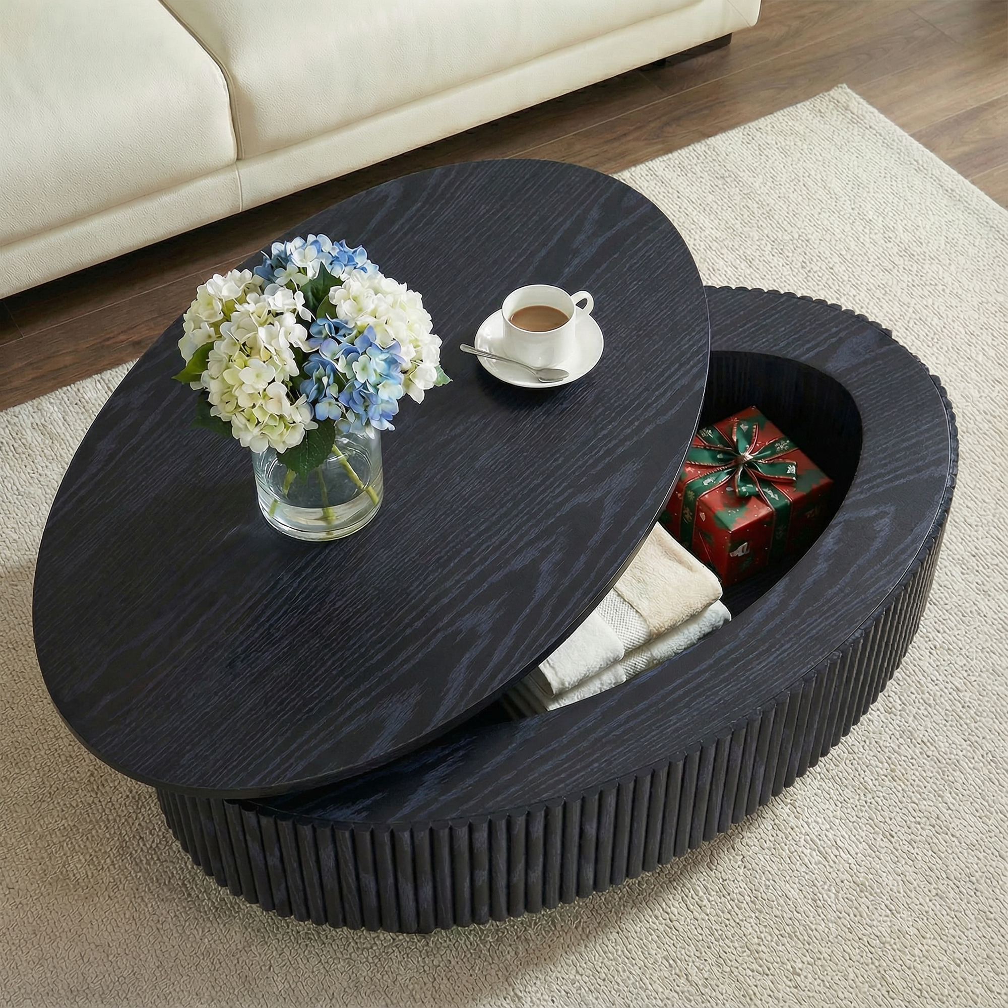 Coffee Table with Hidden Storage, 31.5 Inch Wide Modern Coffee Table, Center Table with Fluted Veneered