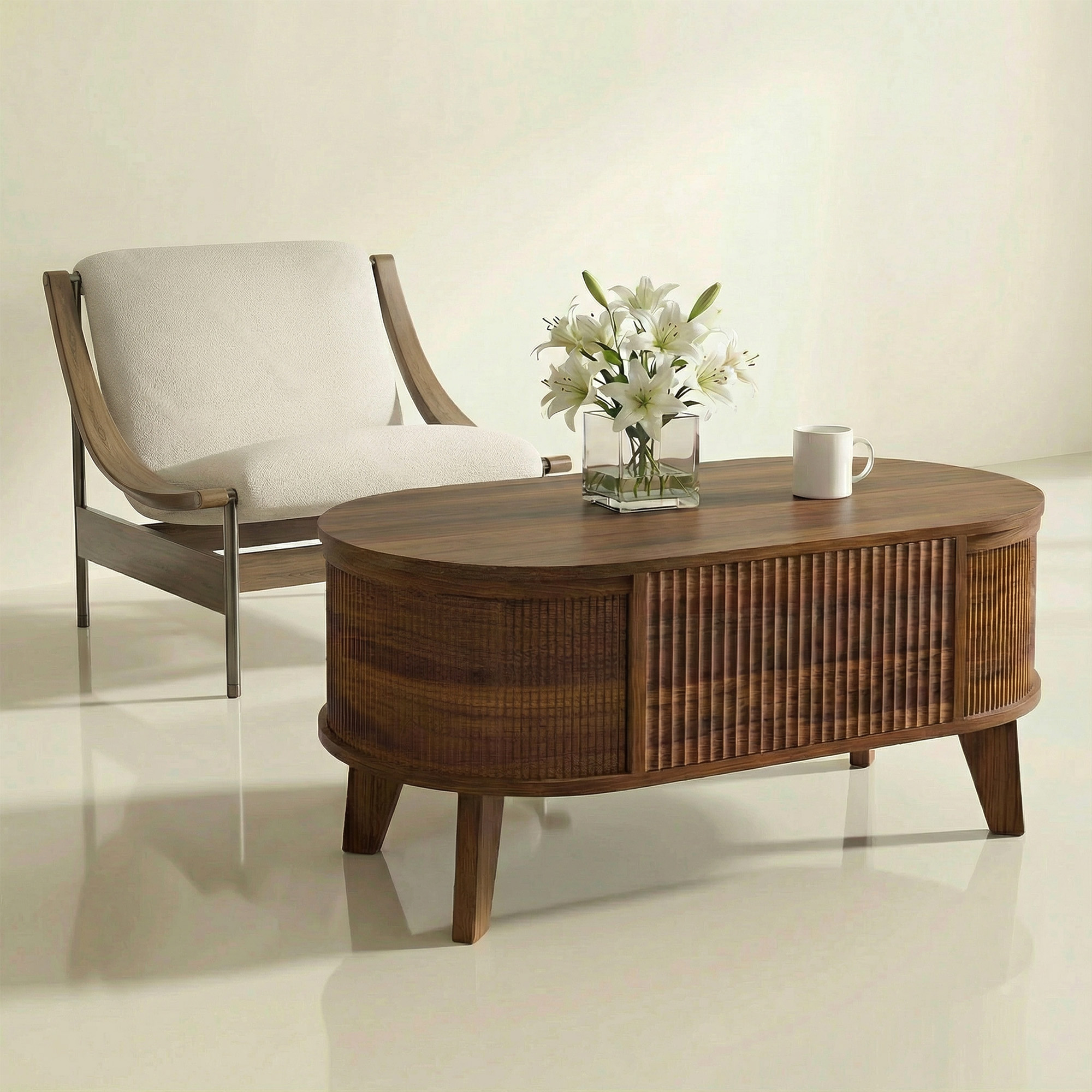 Fluted Lift Top Coffee Table with Storage for Living Room or Home Office