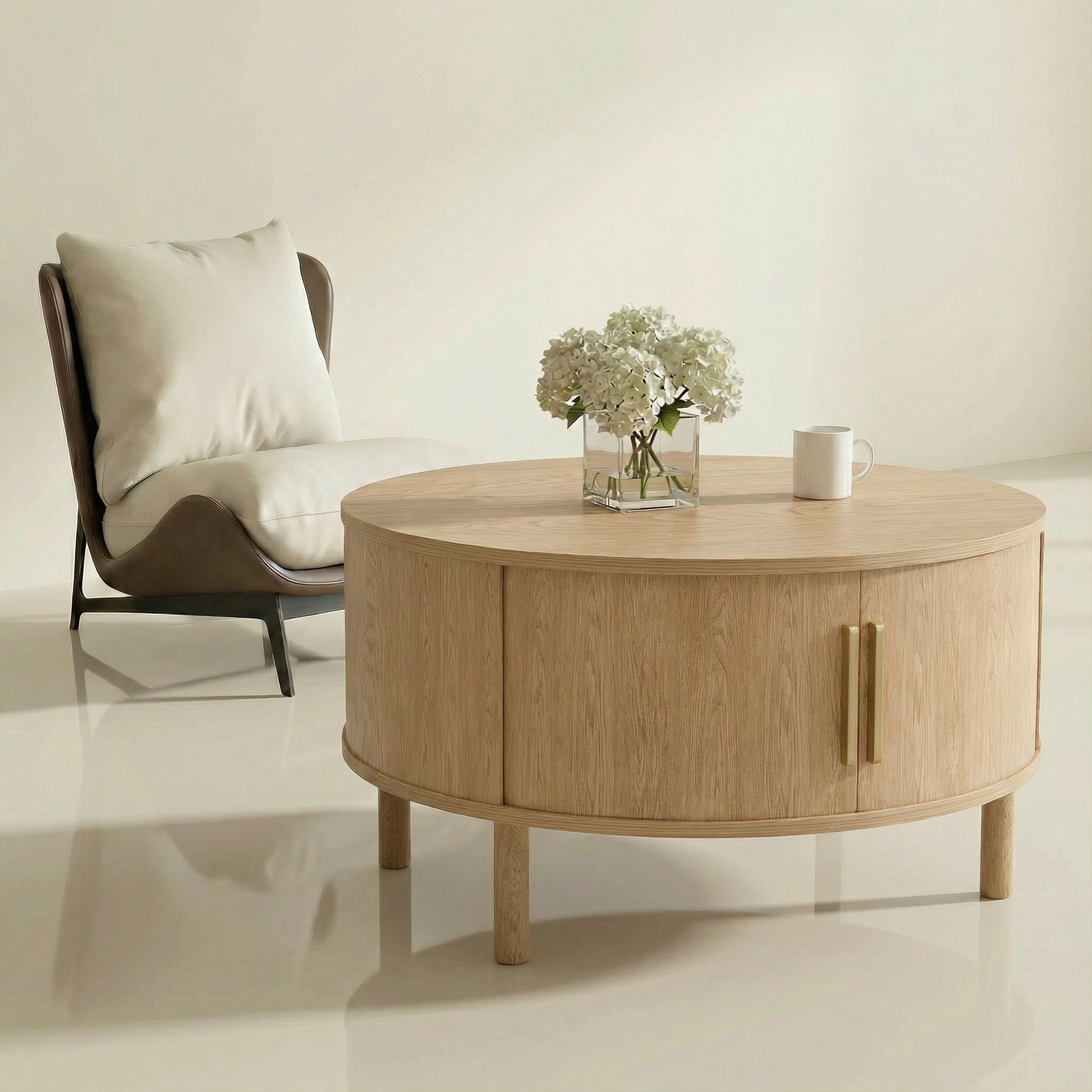 Modern Walnut Round Coffee Table with Fluted Design & Sliding-Door Storage - Oak