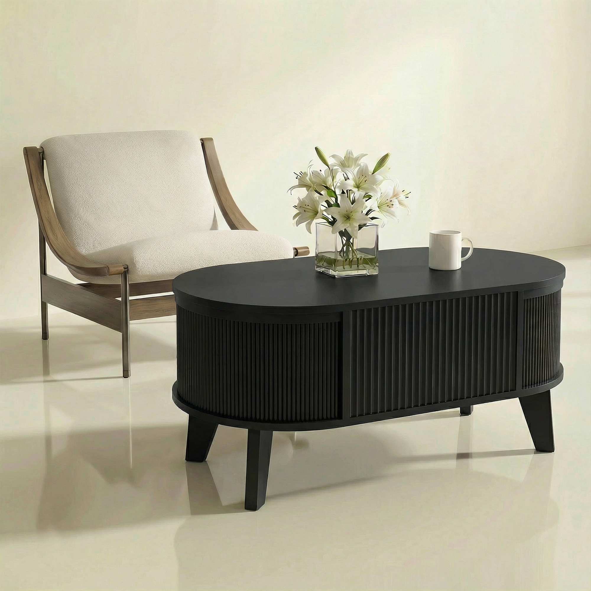 Fluted Lift Top Coffee Table with Storage for Living Room or Home Office-black