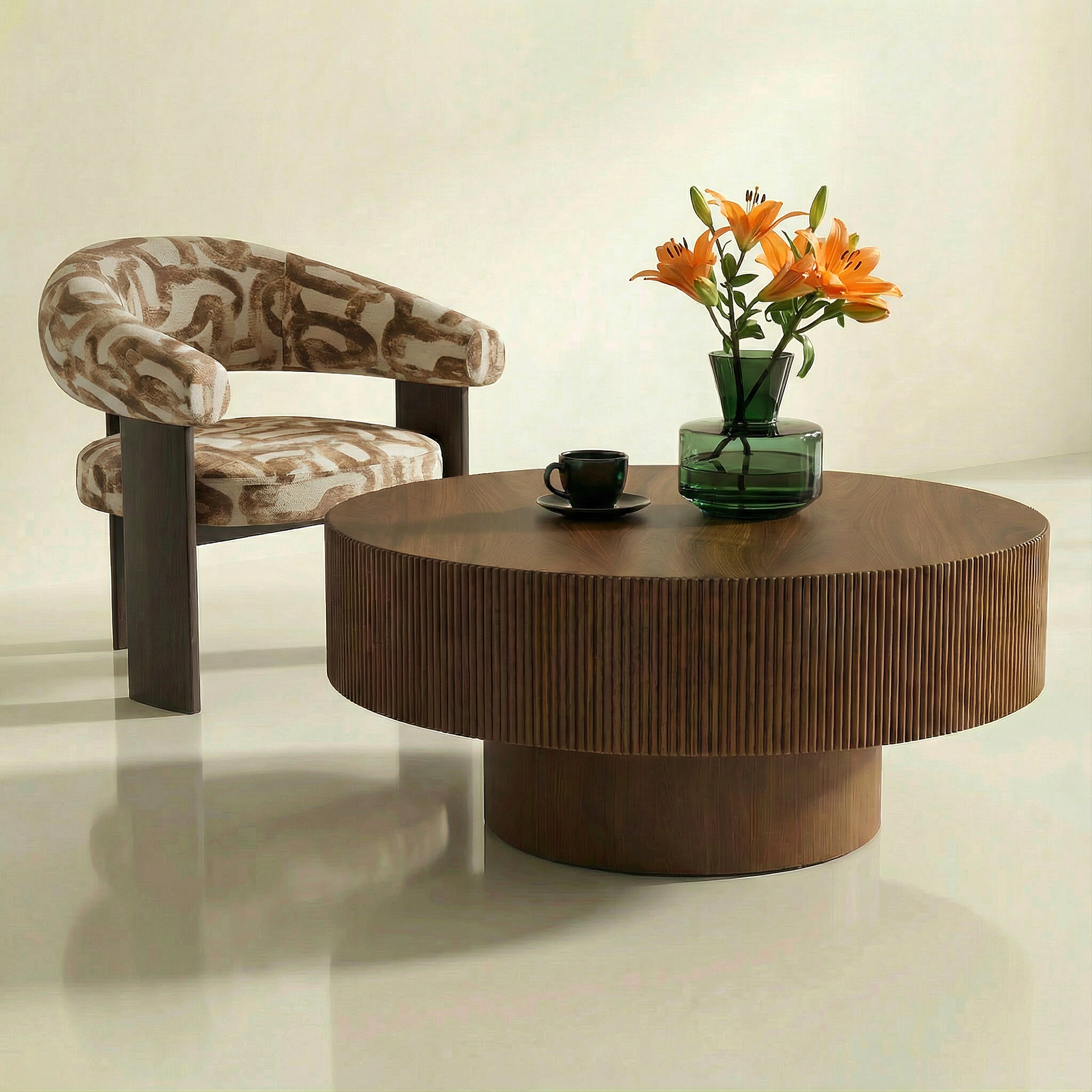 Modern Round Coffee Table with Sturdy Base, Wood Sofa Center Tables for Living Room-Walnut