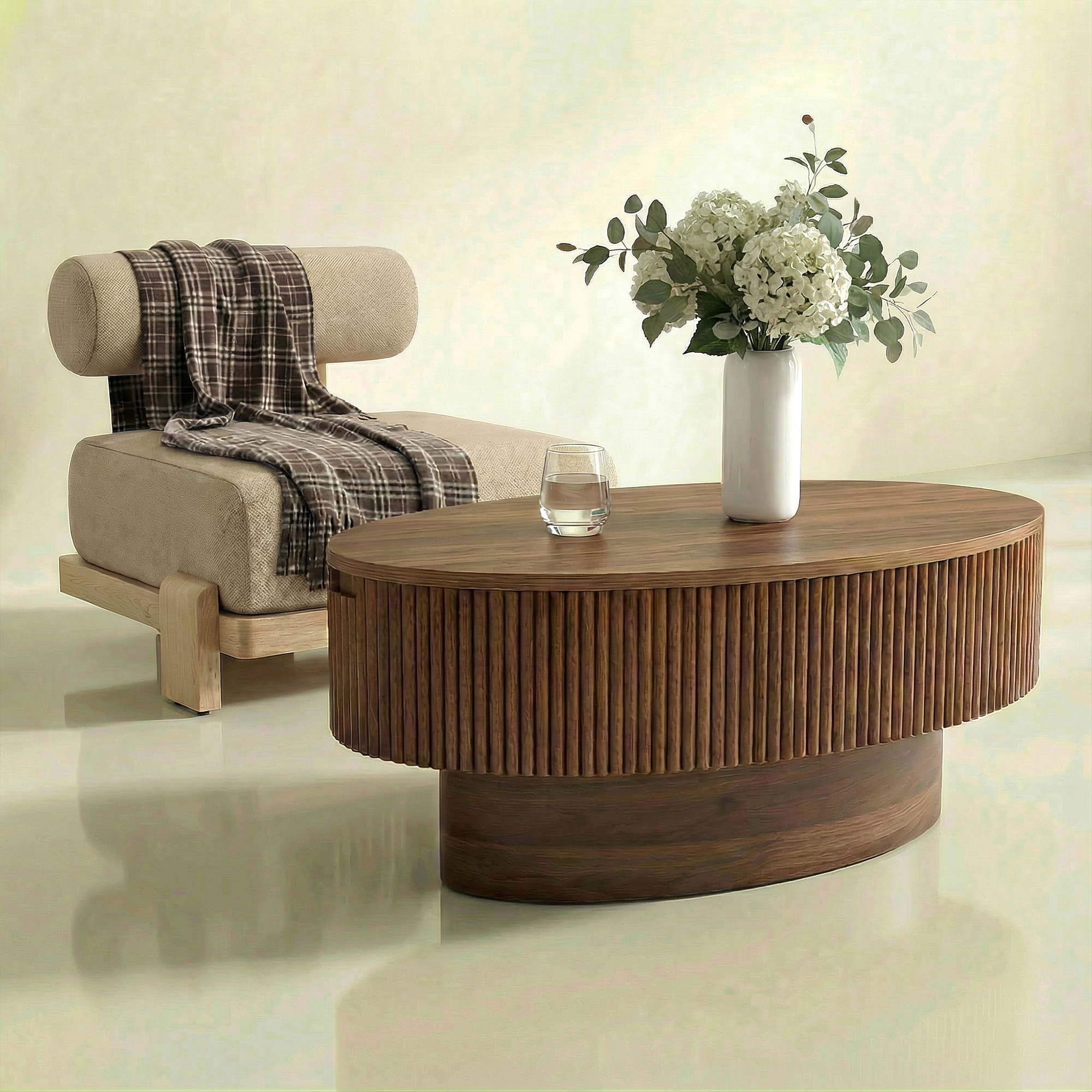 Coffee Table with Hidden Storage, 31.5 Inch Wide Modern Coffee Table, Center Table with Fluted Veneered