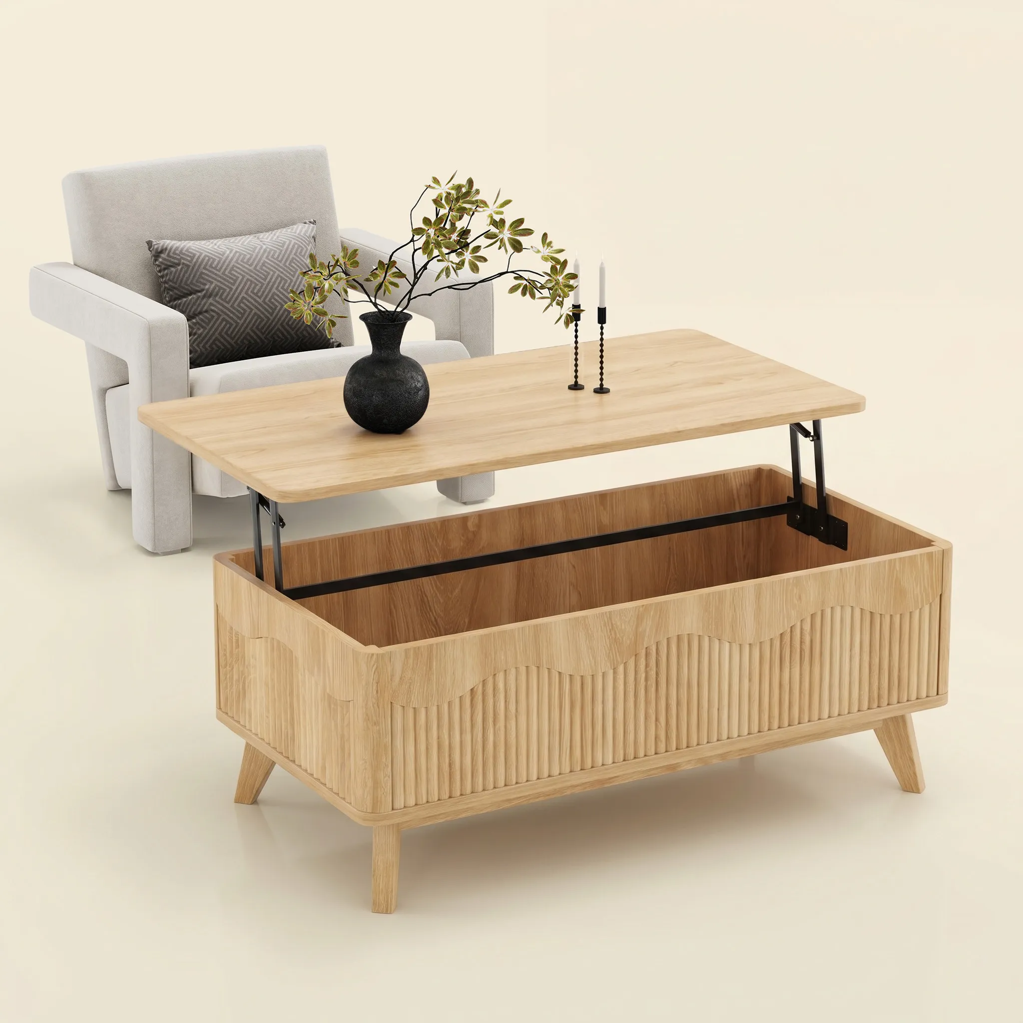 LUPUK Scalloped Lift Top Coffee Table with Hidden Storage