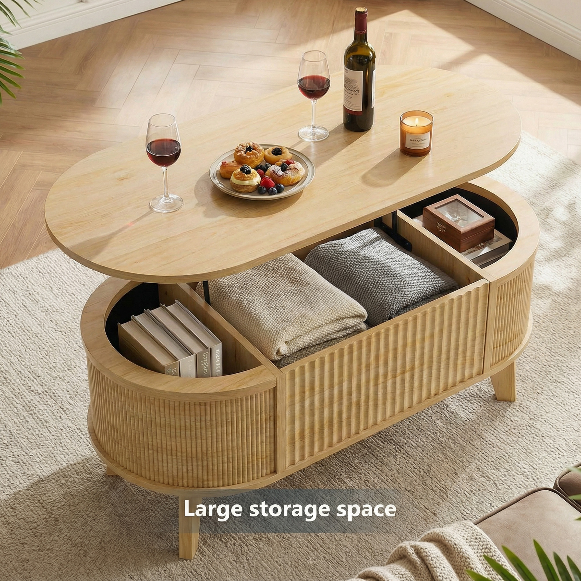 Fluted Lift Top Coffee Table with Storage for Living Room or Home Office-Natural