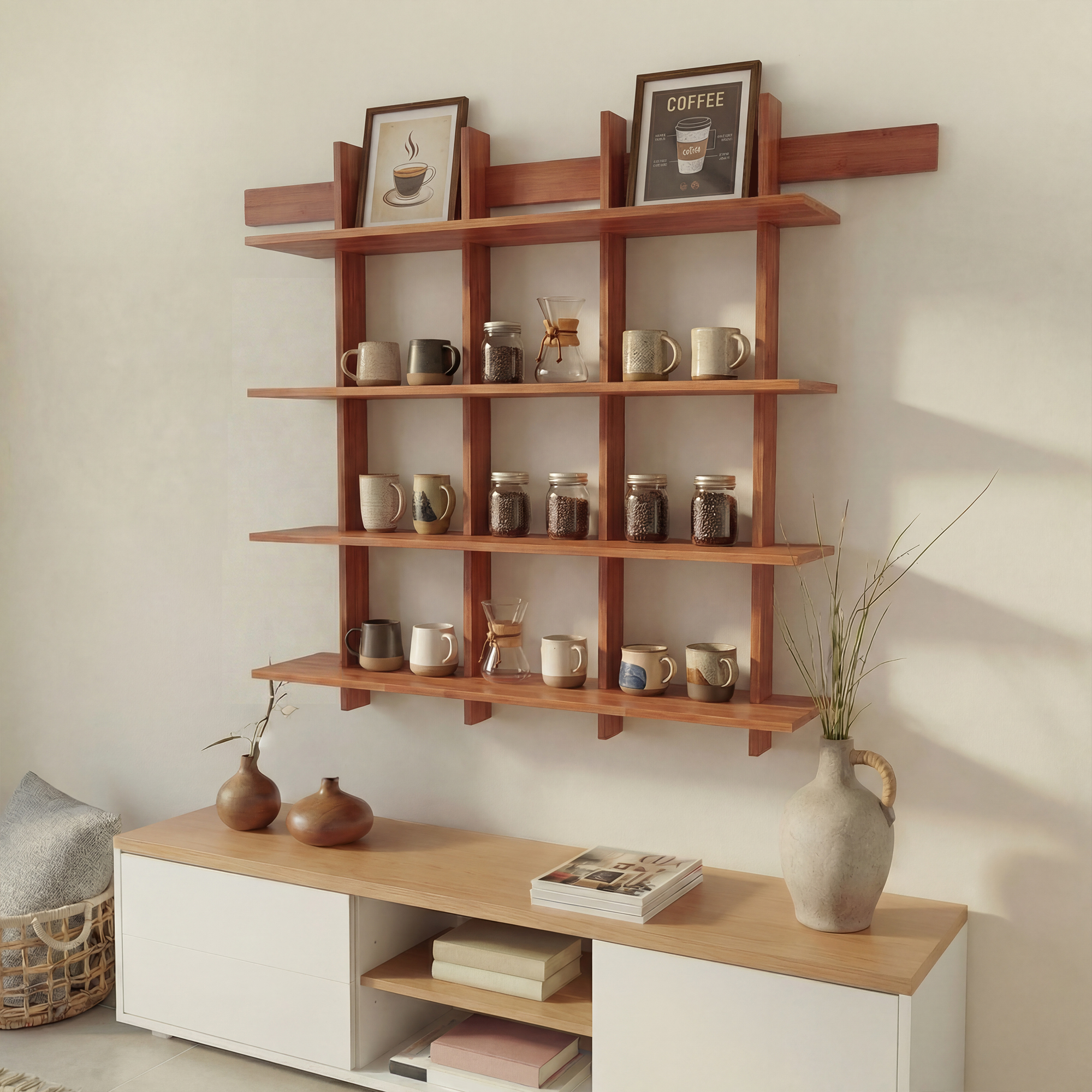 LUPUK 4-Tier Bamboo Wall Shelf – Rustic Farmhouse Floating Bookshelf for Living Room, Kitchen & Coffee Bar Storage