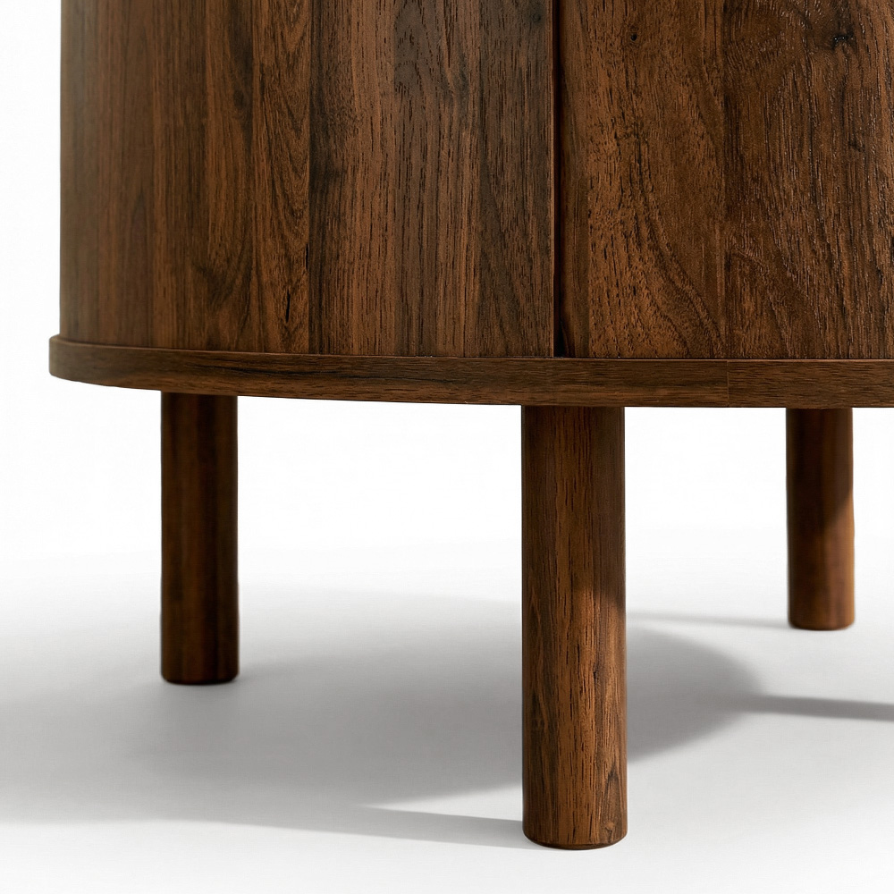 Modern Walnut Round Coffee Table with Fluted Design & Sliding-Door Storage