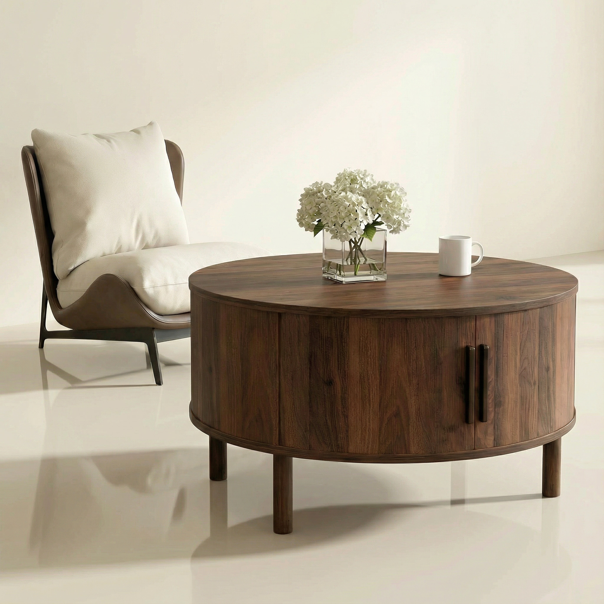 Modern Walnut Round Coffee Table with Fluted Design & Sliding-Door Storage