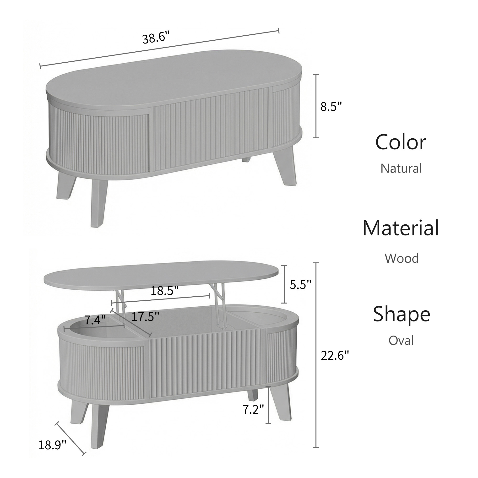 Fluted Lift Top Coffee Table with Storage for Living Room or Home Office-Natural