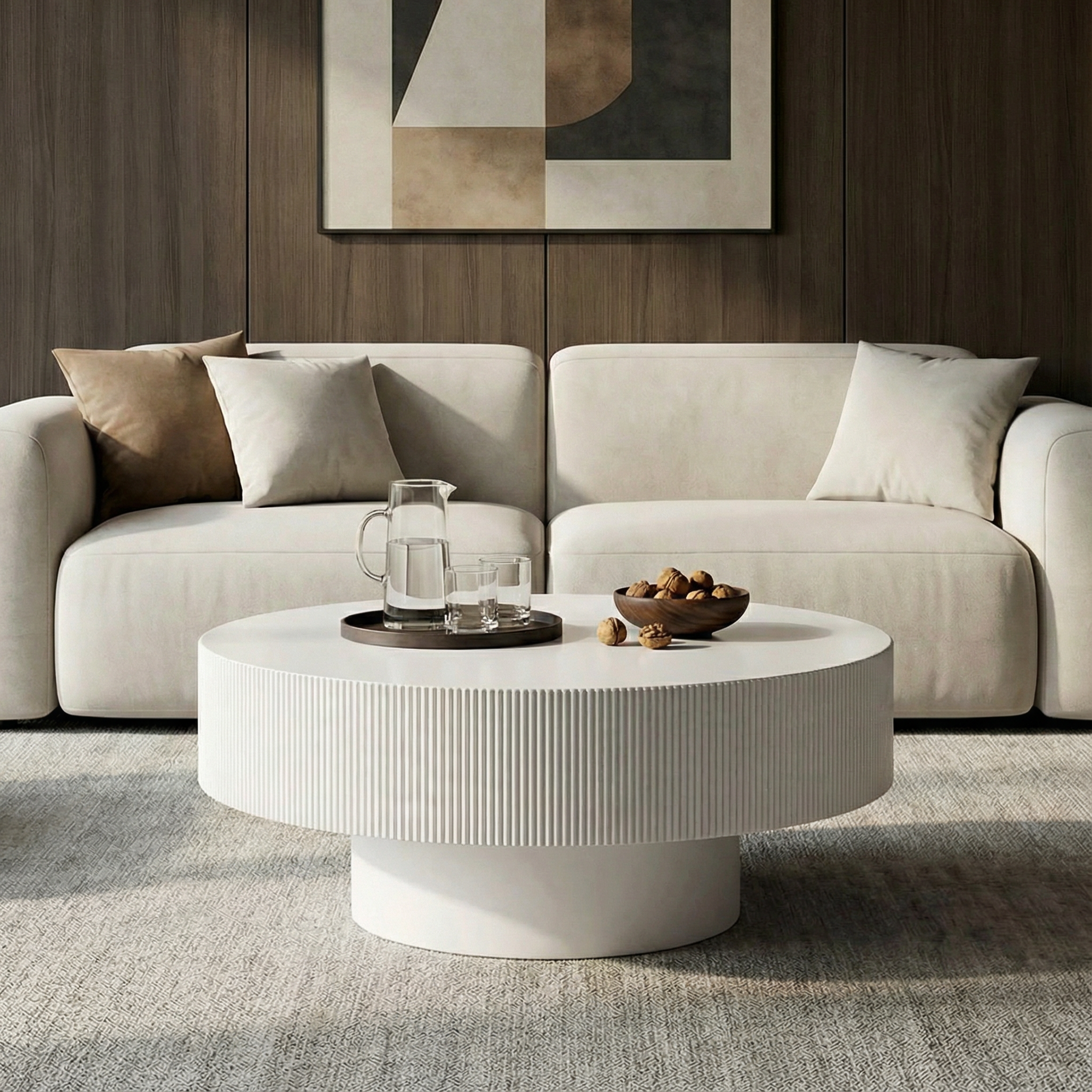 Modern Round Coffee Table with Sturdy Base, Wood Sofa Center Tables for Living Room-White