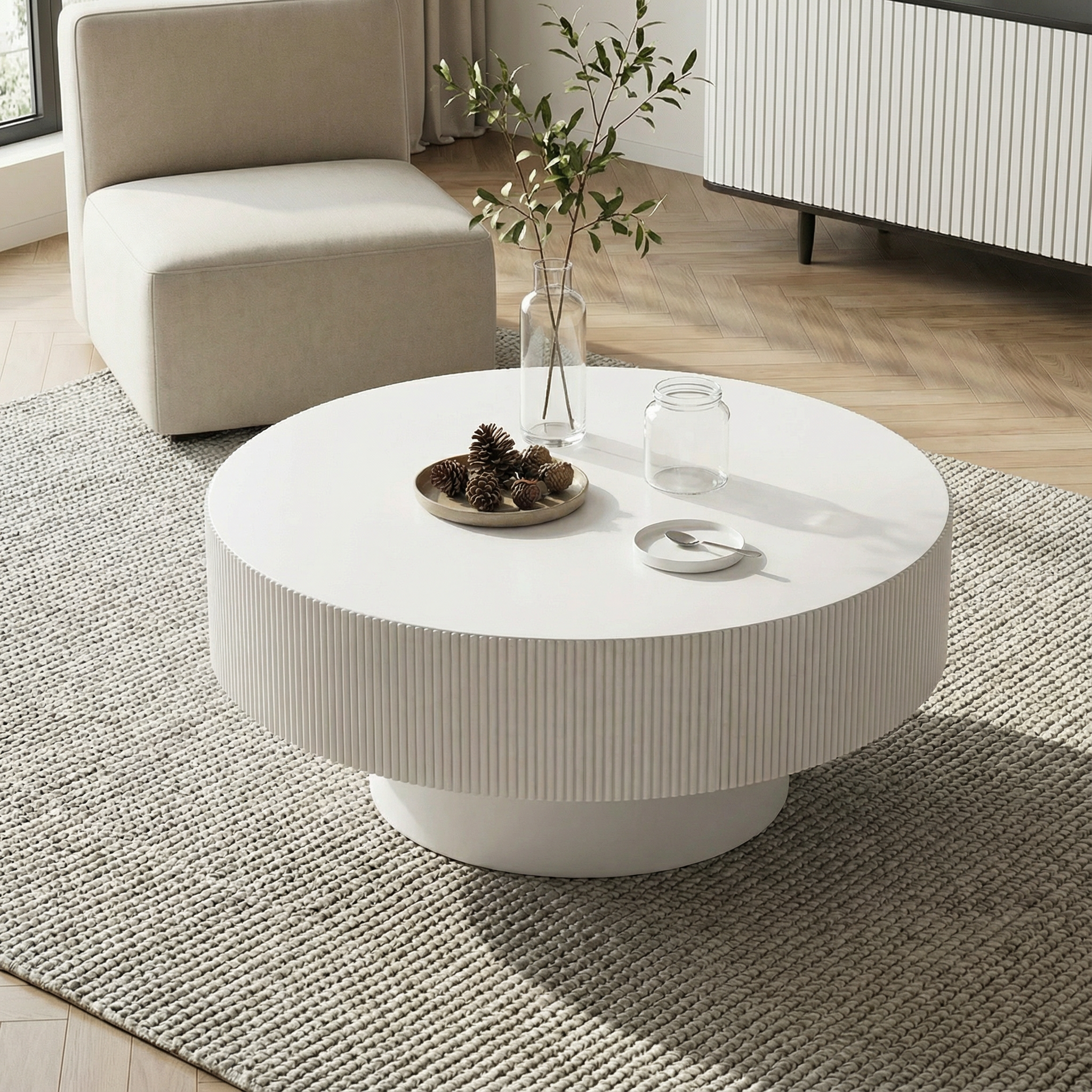 Modern Round Coffee Table with Sturdy Base, Wood Sofa Center Tables for Living Room-White