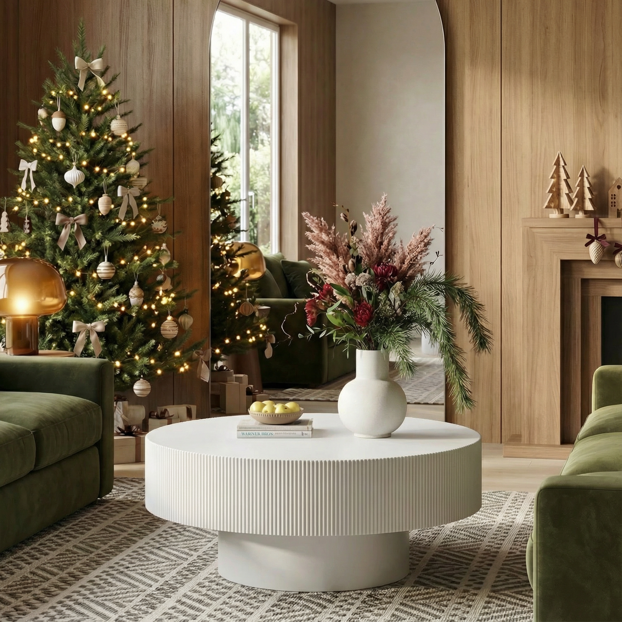 Modern Round Coffee Table with Sturdy Base, Wood Sofa Center Tables for Living Room-White