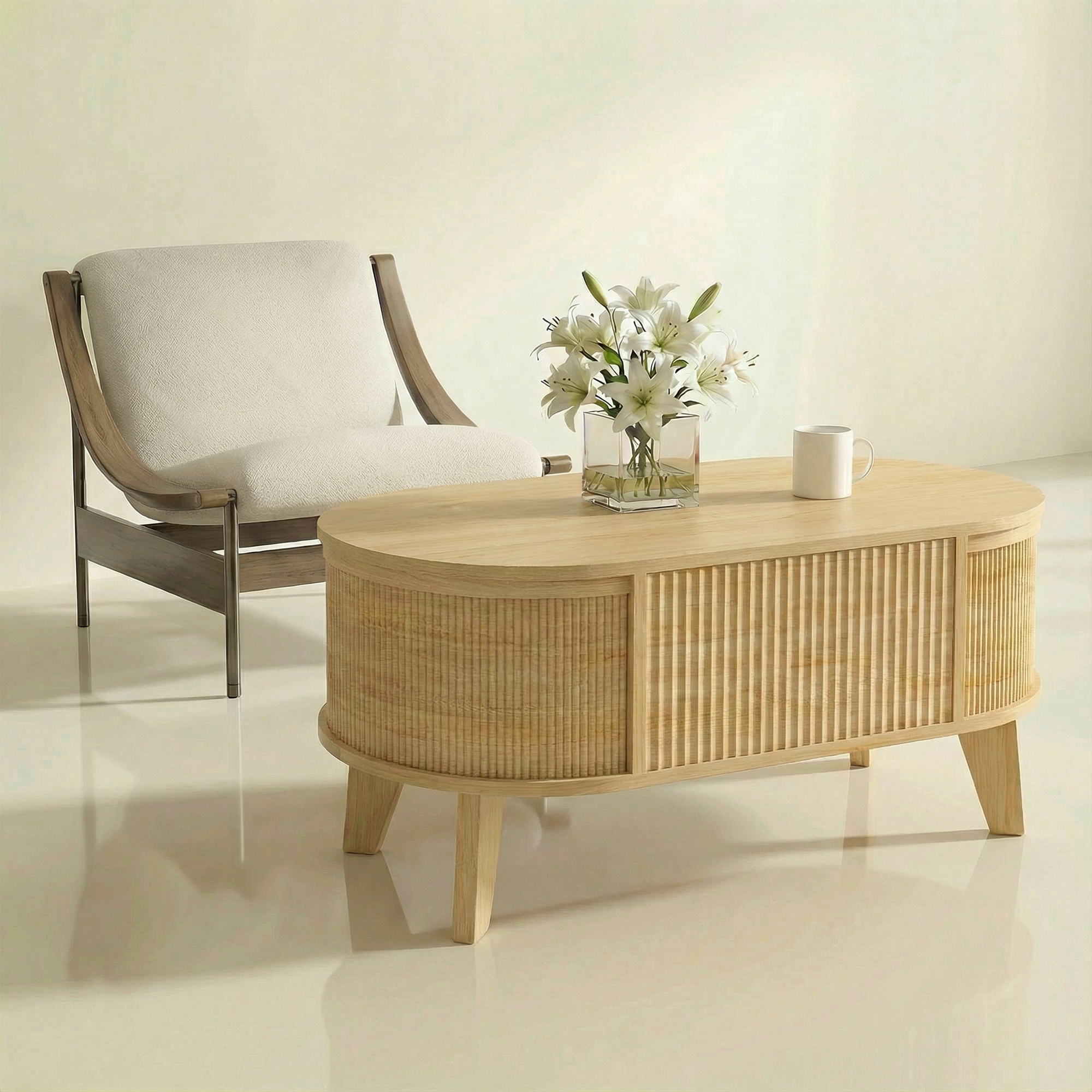 Fluted Lift Top Coffee Table with Storage for Living Room or Home Office-Natural