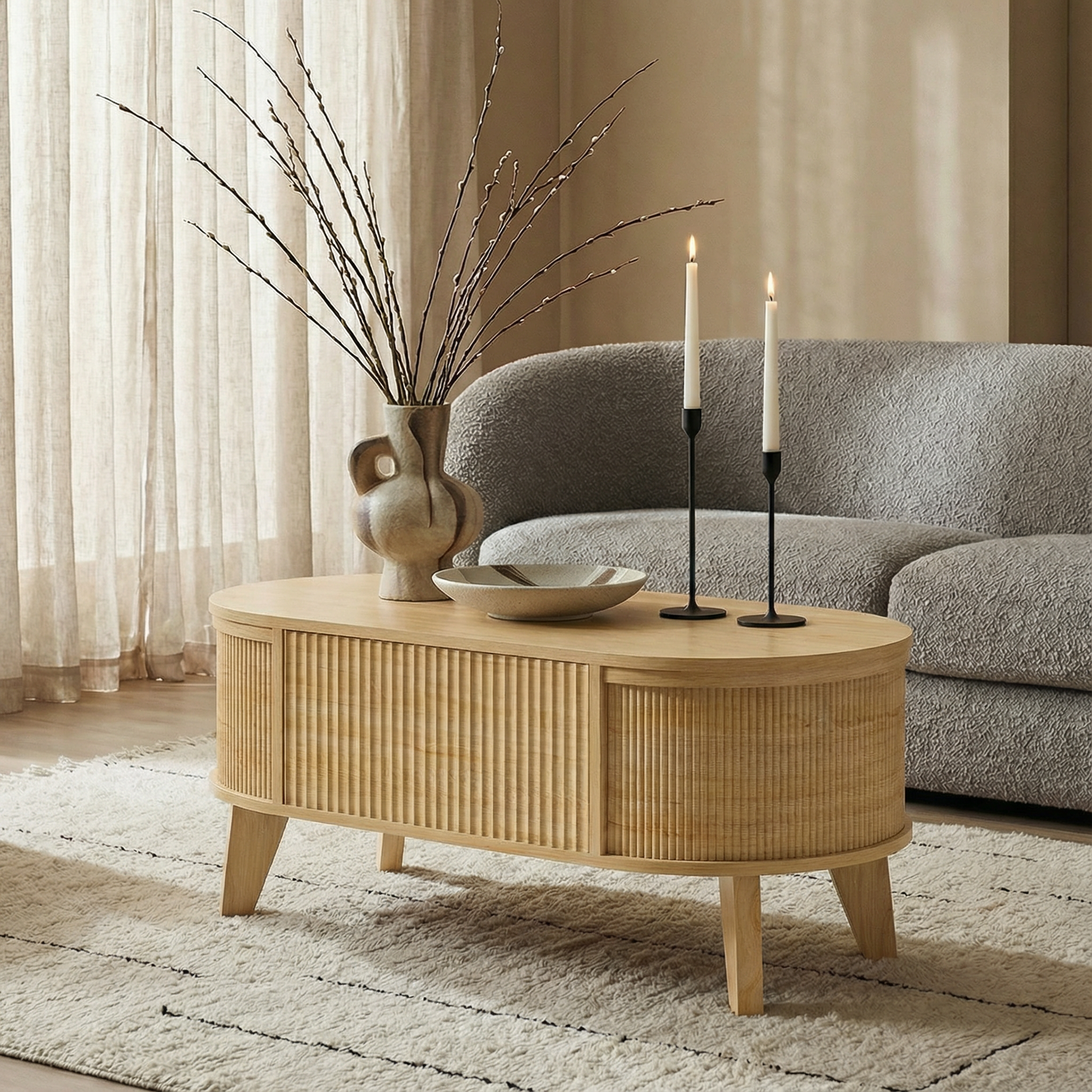 Fluted Lift Top Coffee Table with Storage for Living Room or Home Office-Natural