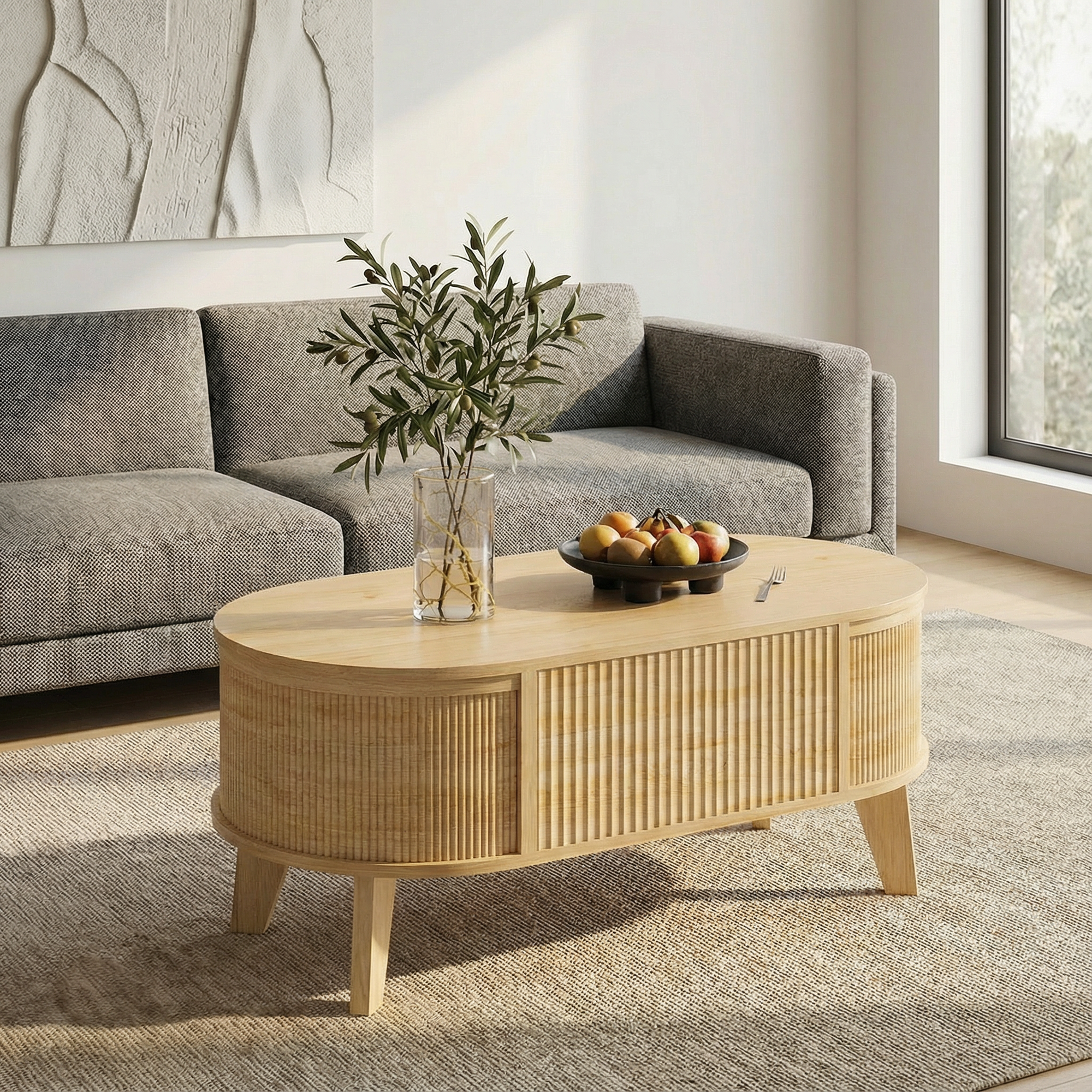 Fluted Lift Top Coffee Table with Storage for Living Room or Home Office-Natural