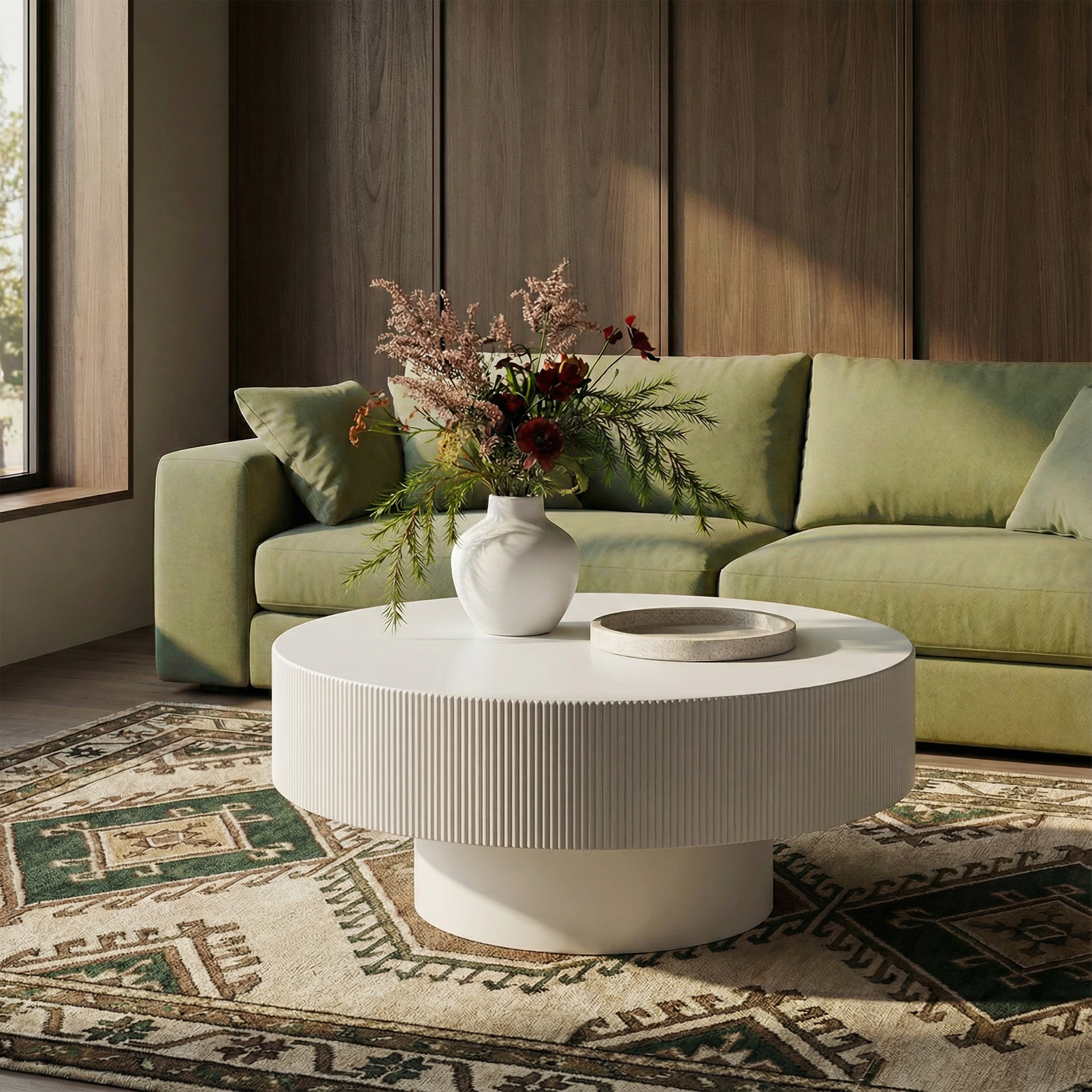 Modern Round Coffee Table with Sturdy Base, Wood Sofa Center Tables for Living Room-White