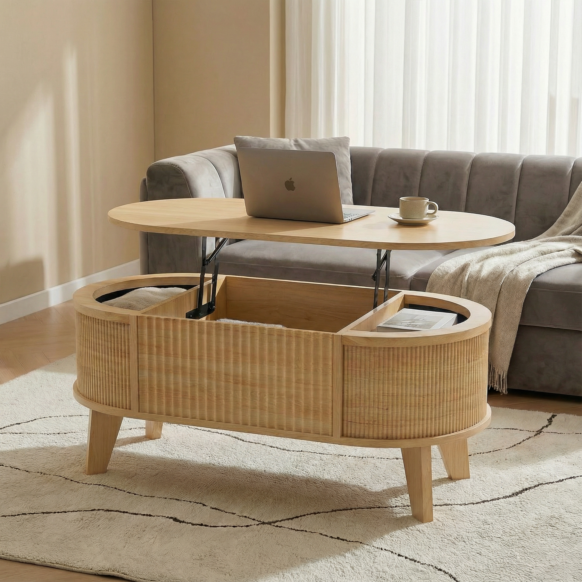 Fluted Lift Top Coffee Table with Storage for Living Room or Home Office-Natural