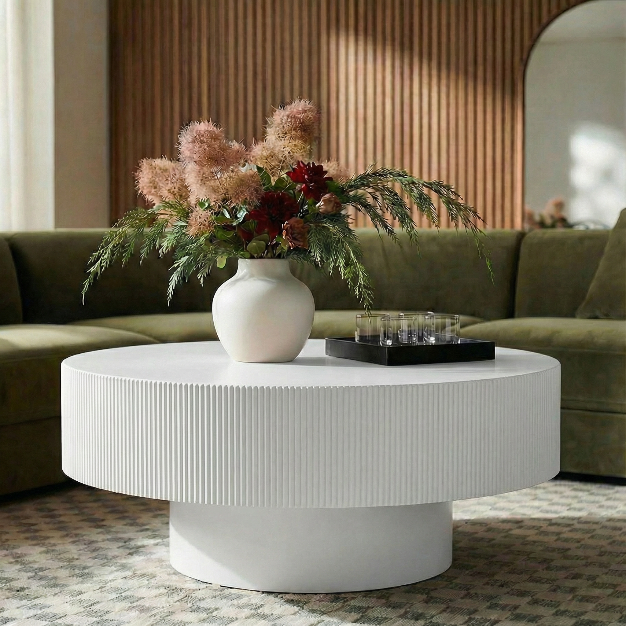 Modern Round Coffee Table with Sturdy Base, Wood Sofa Center Tables for Living Room-White