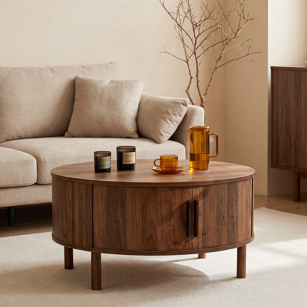 Modern Walnut Round Coffee Table with Fluted Design & Sliding-Door Storage