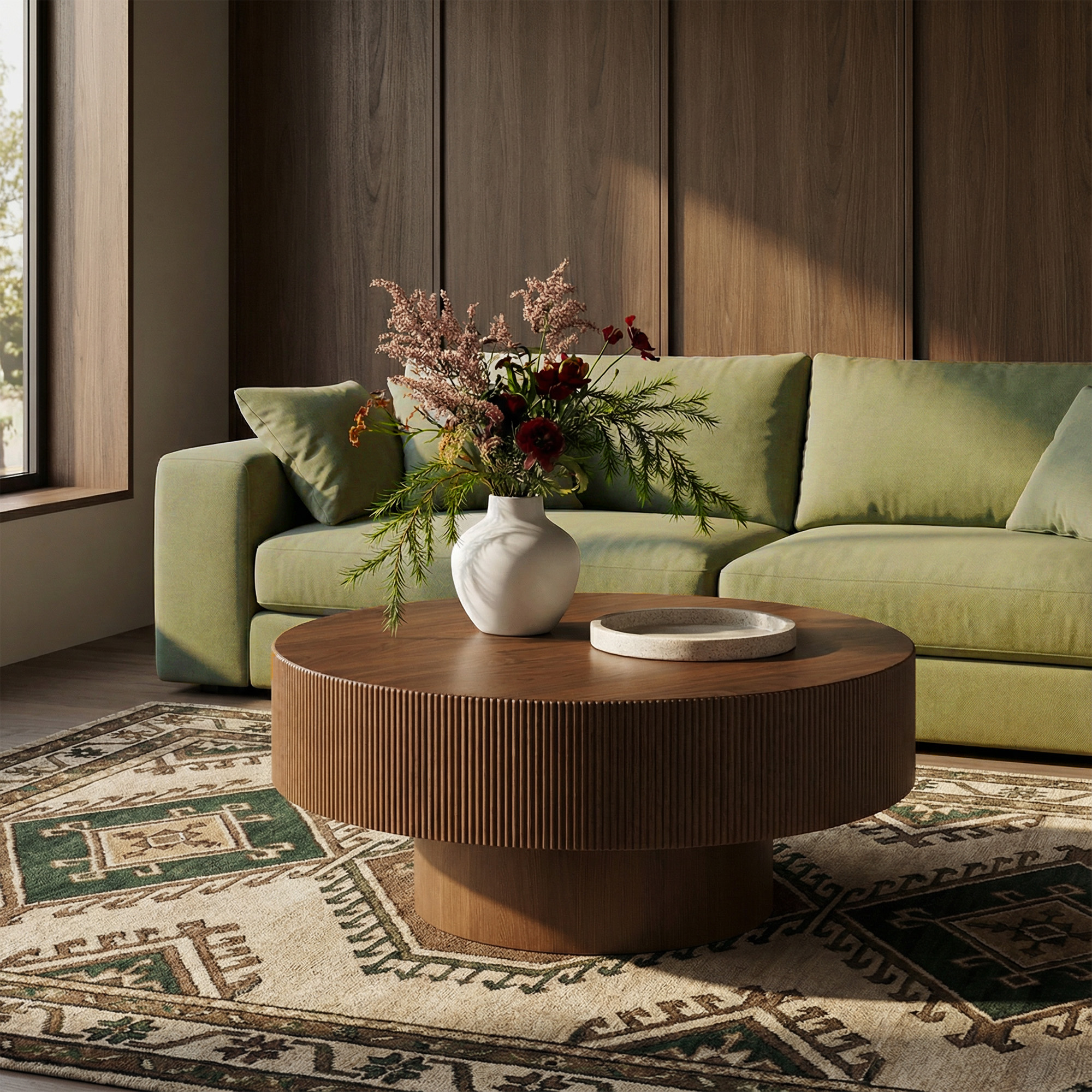 Modern Round Coffee Table with Sturdy Base, Wood Sofa Center Tables for Living Room-Walnut