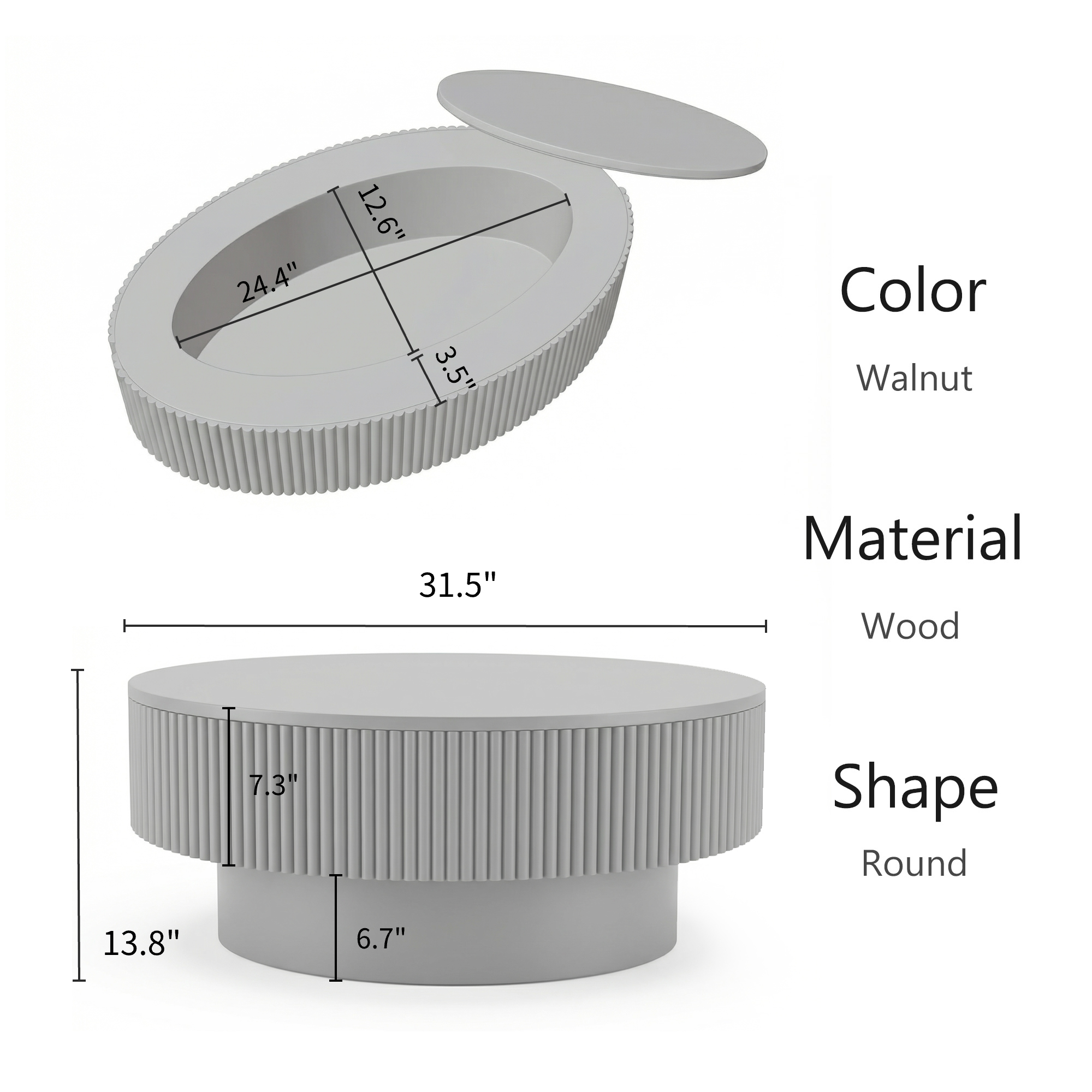 Coffee Table with Hidden Storage, 31.5 Inch Wide Modern Coffee Table, Center Table with Fluted Veneered