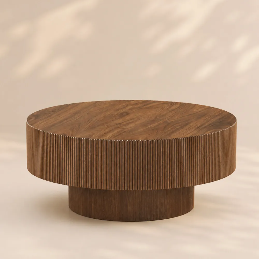 LUPUK Round Coffee Table with Fluted Base, Modern Walnut Finish Center Table