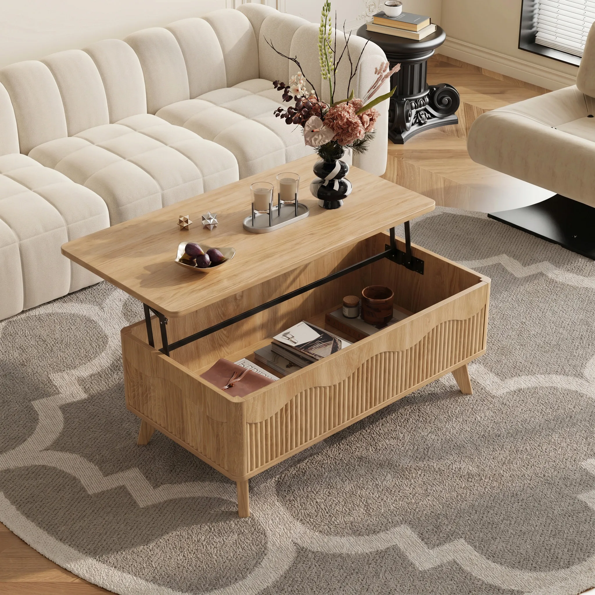LUPUK Scalloped Lift Top Coffee Table with Hidden Storage