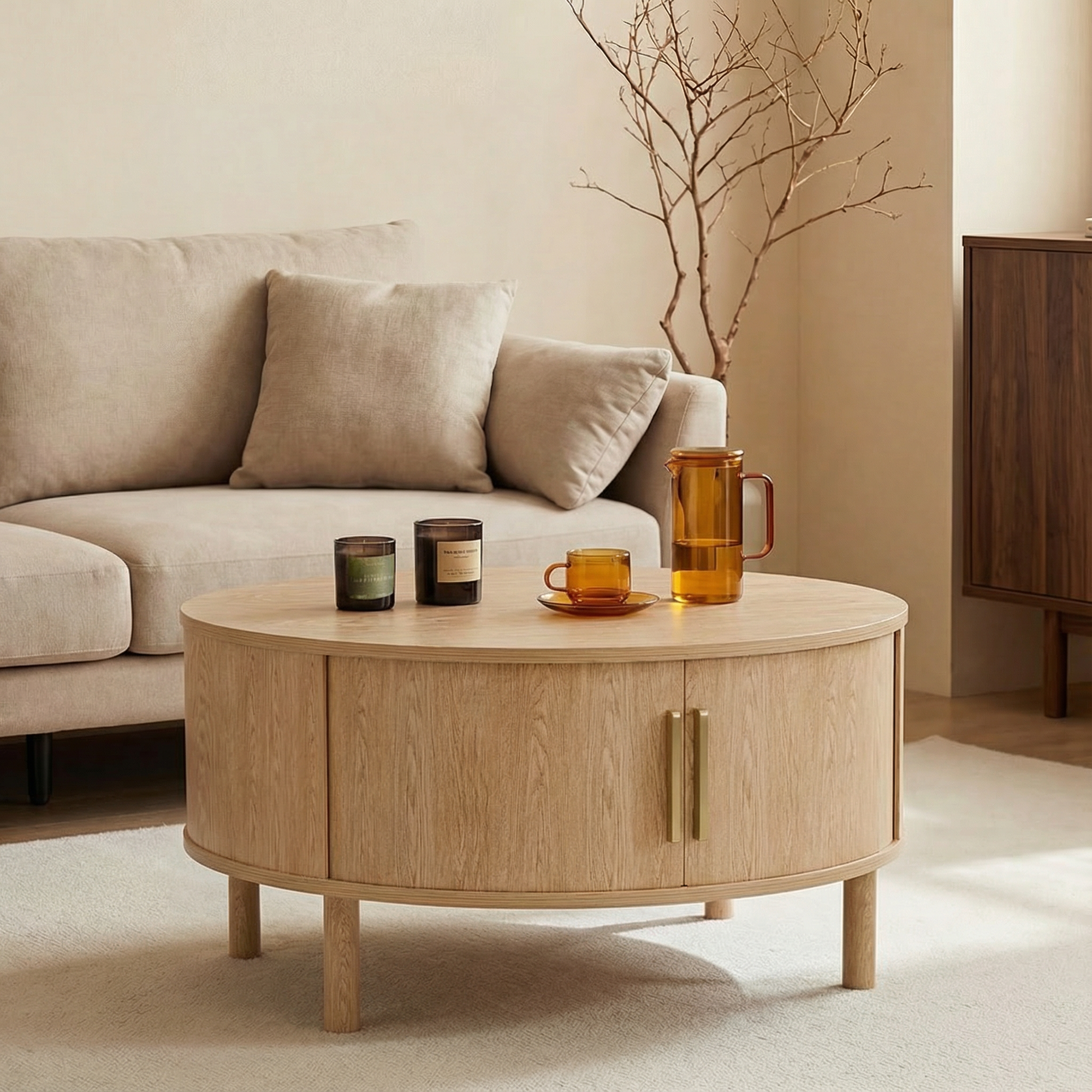 Modern Walnut Round Coffee Table with Fluted Design & Sliding-Door Storage - Oak